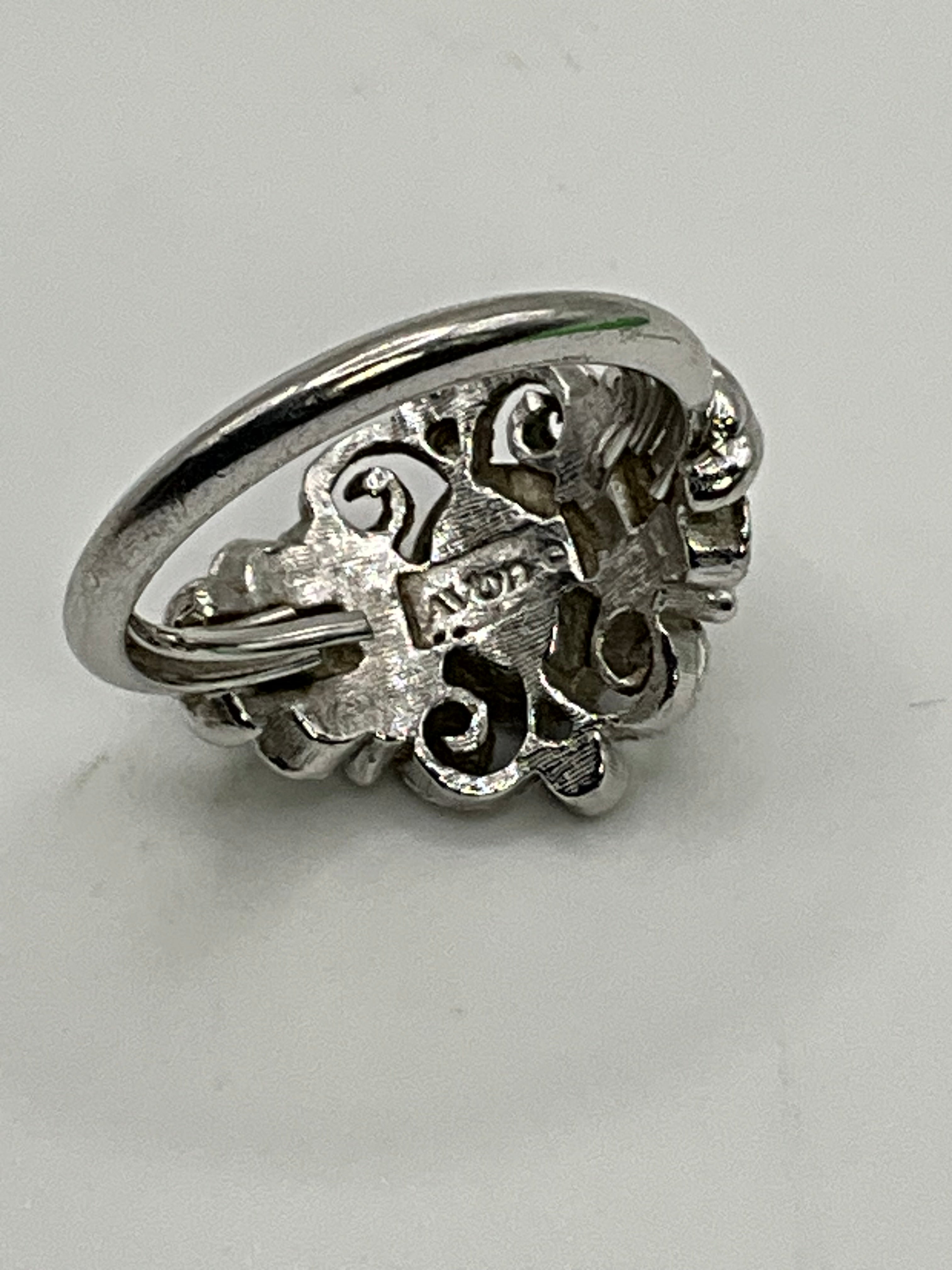 Vintage Avon Silver Tone, Hematite and Clear Rhinestones Ring - Estate Sale (Great Condition)