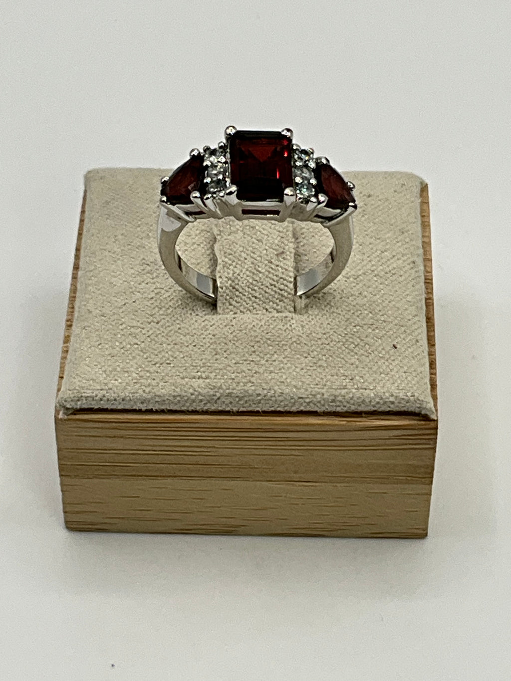 Ruby Red Three-Stone Statement Ring | Emerald Cut Center | CZ Accents - Estate Sale (Great Condition)