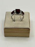 Ruby Red Three-Stone Statement Ring | Emerald Cut Center | CZ Accents - Estate Sale (Great Condition)