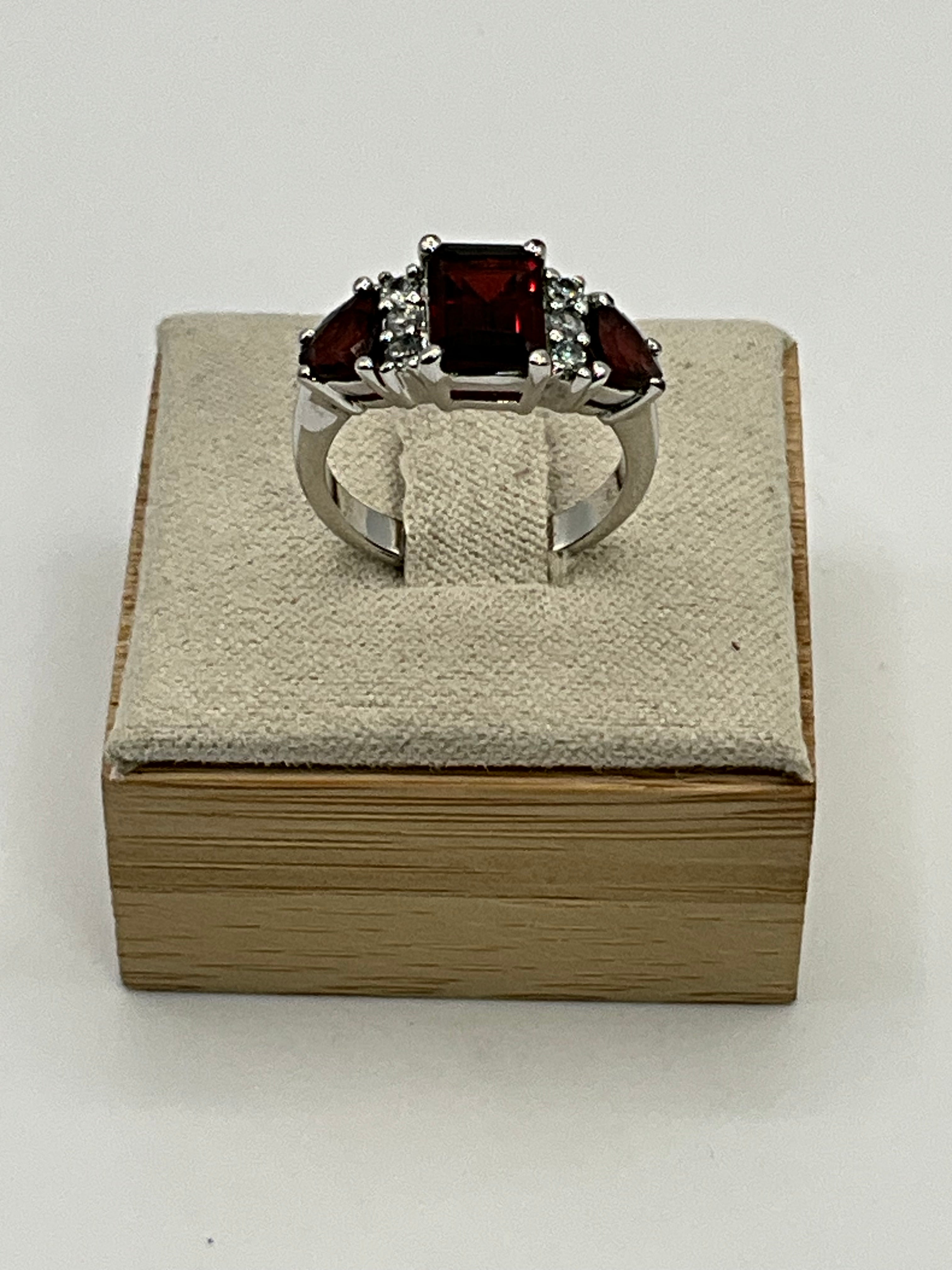 Ruby Red Three-Stone Statement Ring | Emerald Cut Center | CZ Accents - Estate Sale (Great Condition)
