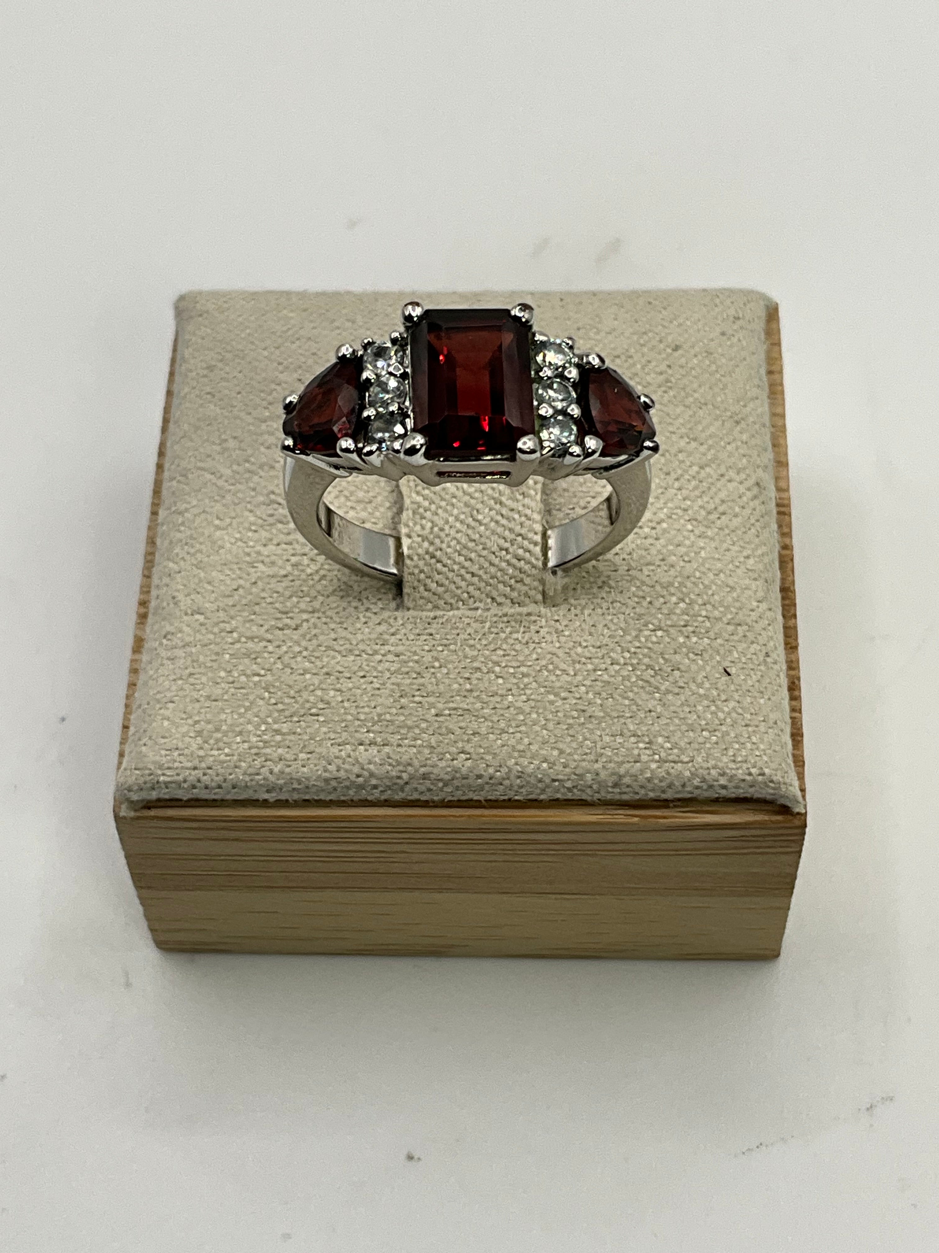 Ruby Red Three-Stone Statement Ring | Emerald Cut Center | CZ Accents - Estate Sale (Great Condition)