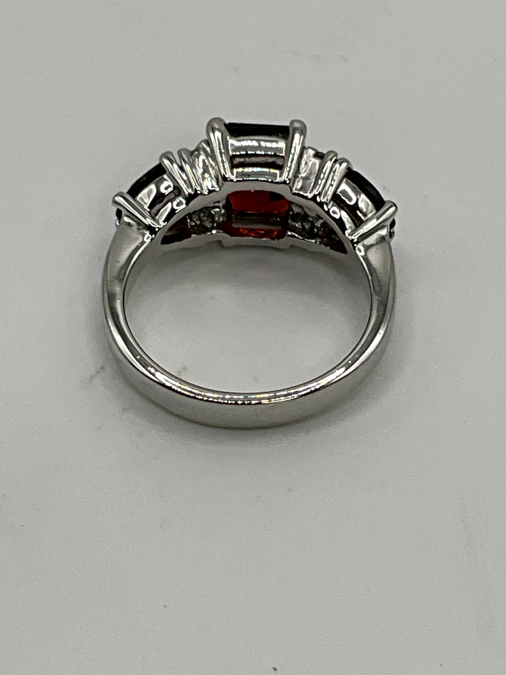 Ruby Red Three-Stone Statement Ring | Emerald Cut Center | CZ Accents - Estate Sale (Great Condition)