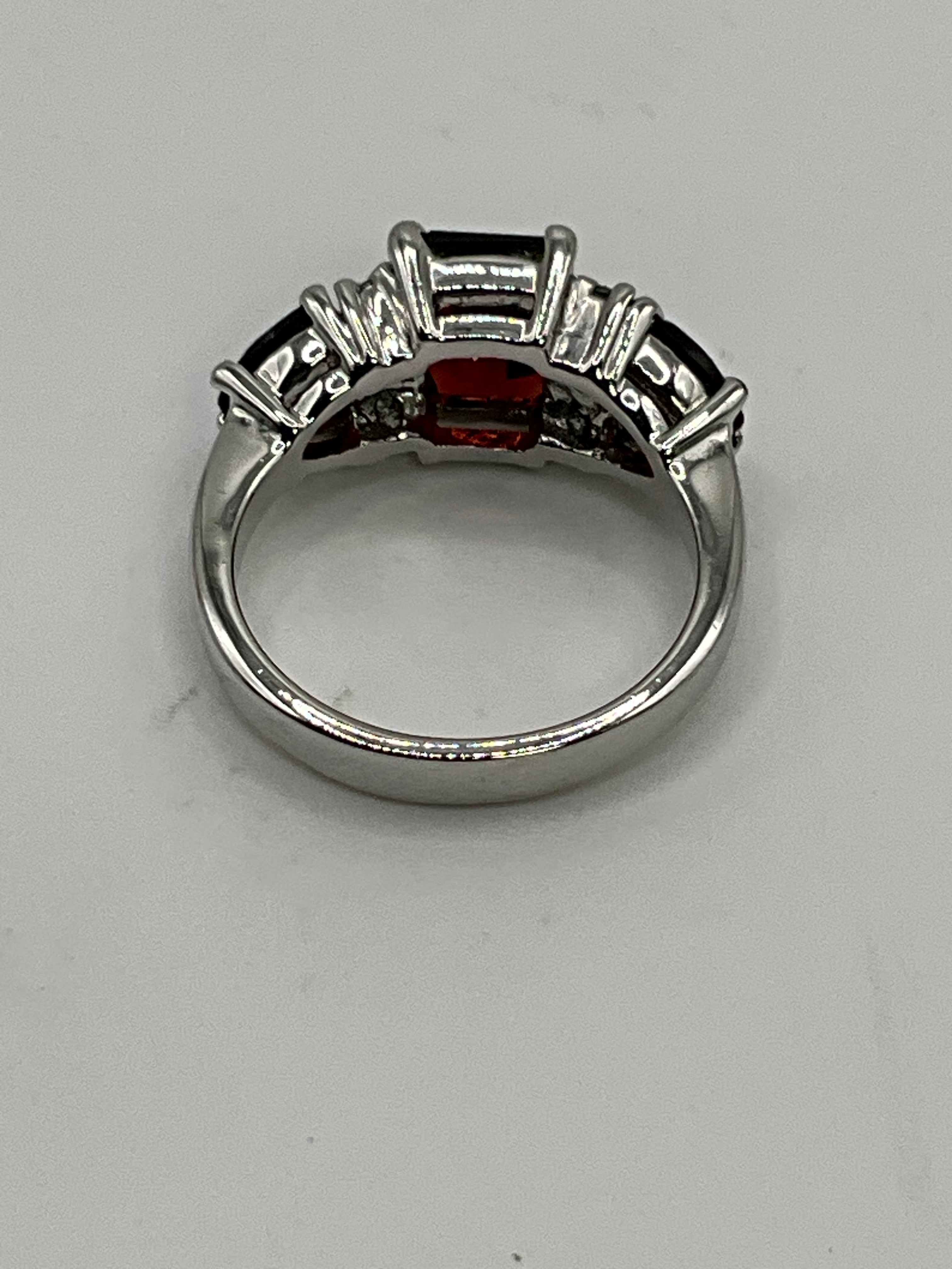 Ruby Red Three-Stone Statement Ring | Emerald Cut Center | CZ Accents - Estate Sale (Great Condition)