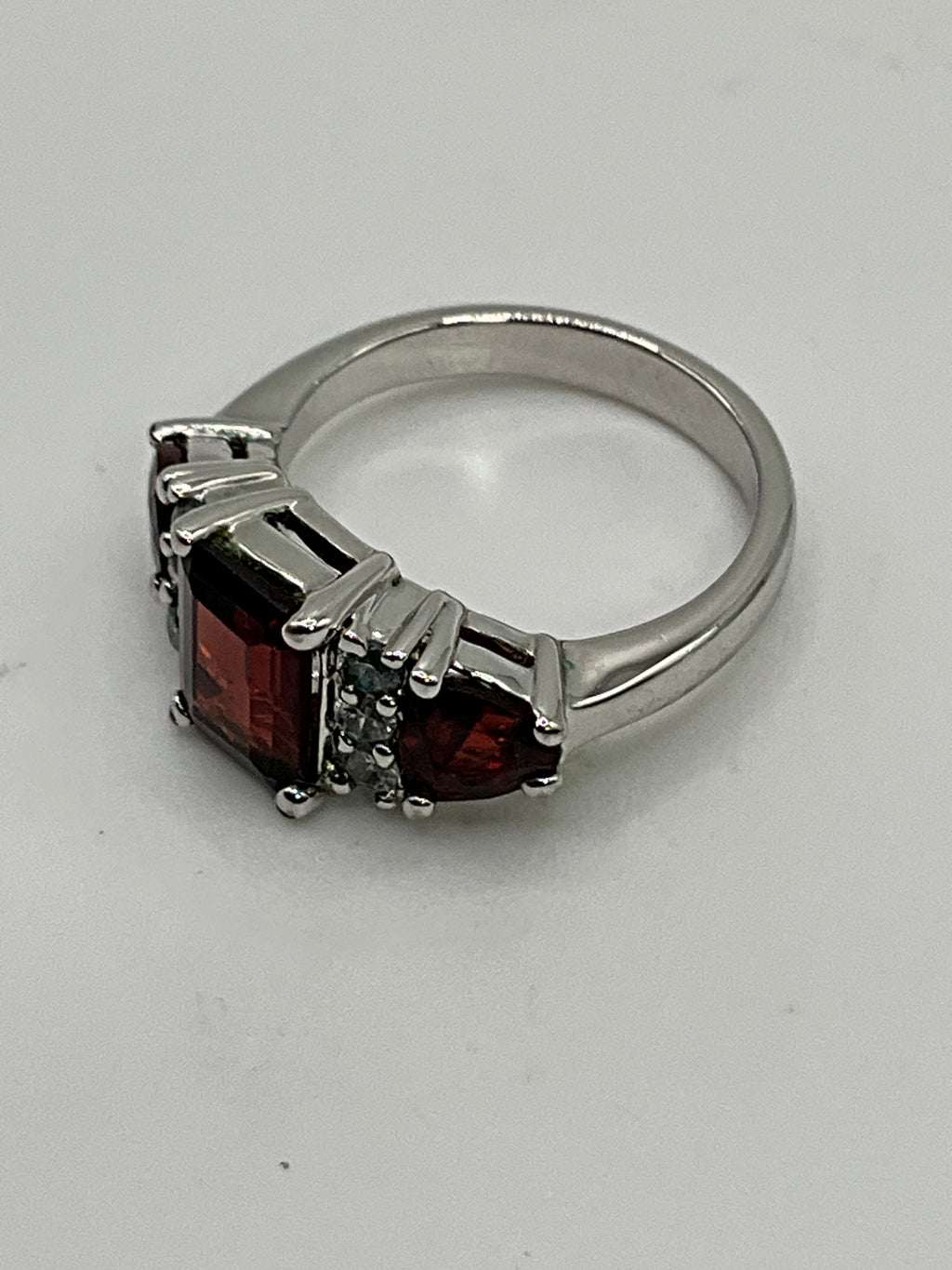 Ruby Red Three-Stone Statement Ring | Emerald Cut Center | CZ Accents - Estate Sale (Great Condition)