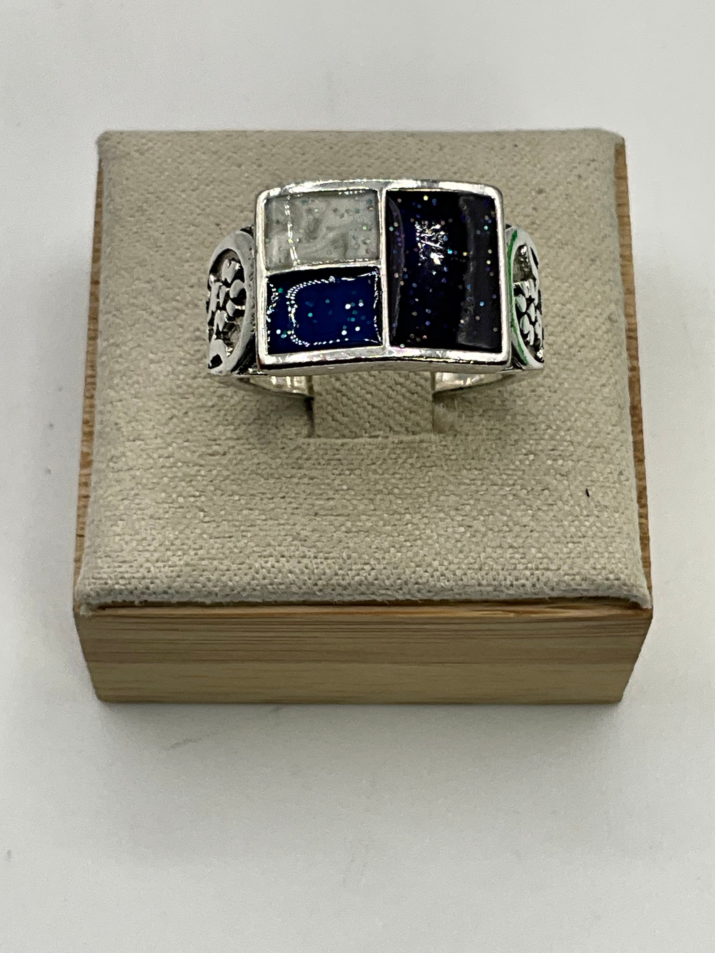 Vintage 925 Sterling Silver Blue Enamel Inlay Signet Ring - Estate Sale (Great Condition)