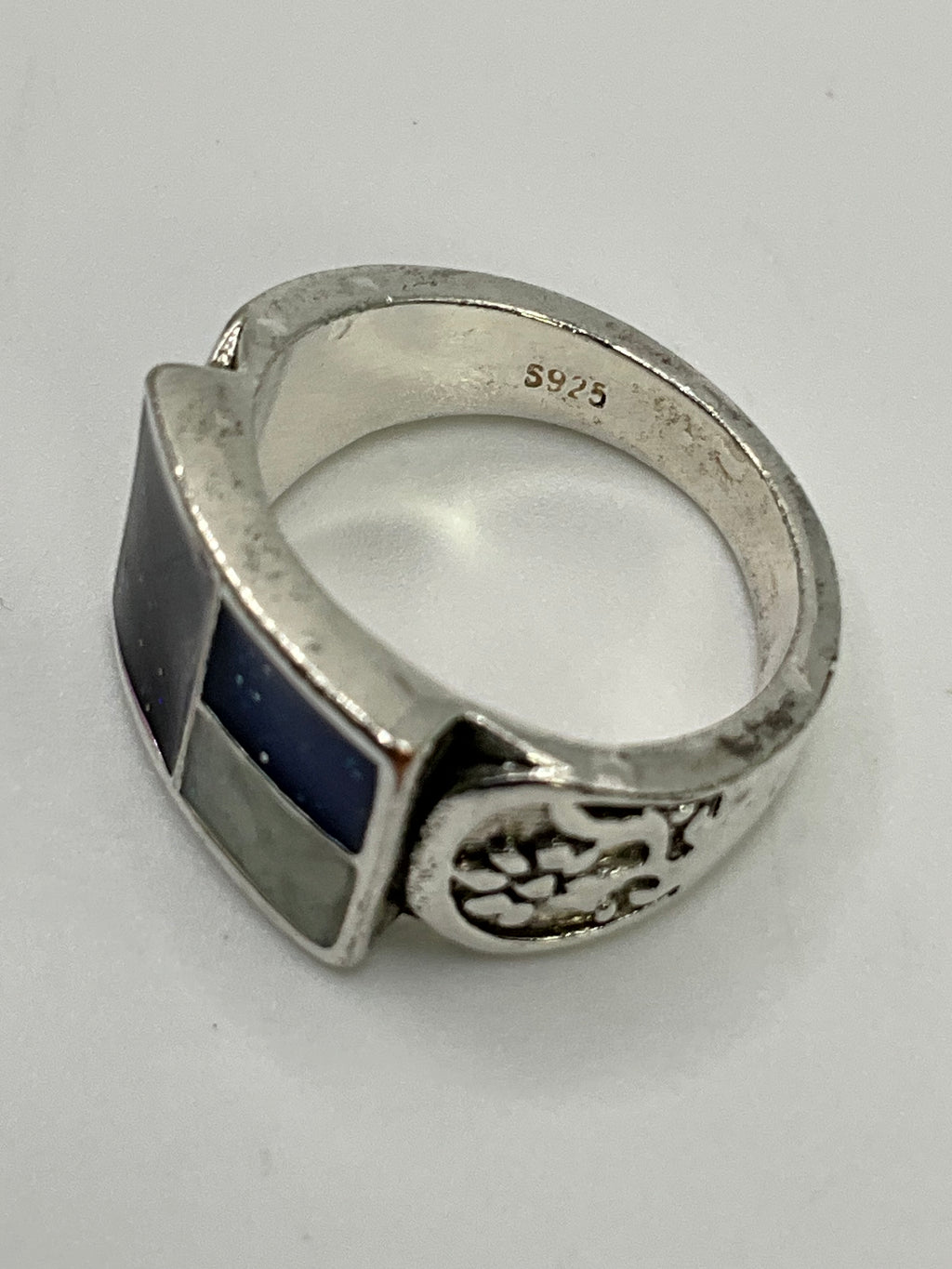 Vintage 925 Sterling Silver Blue Enamel Inlay Signet Ring - Estate Sale (Great Condition)