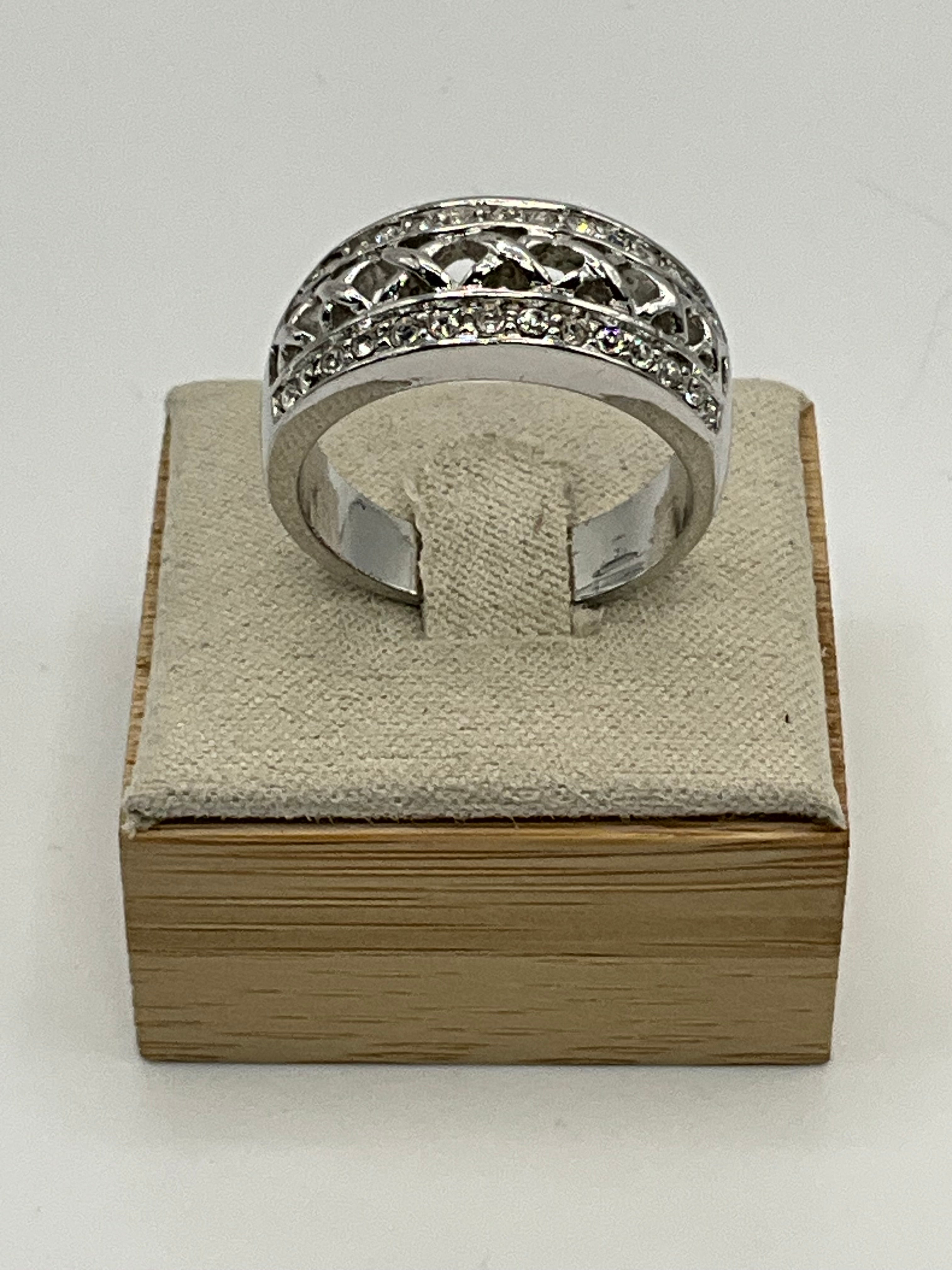 Wide Band Pavé Ring | Crisscross Lattice Center with High-Sparkle CZ - Estate Sale (Great Condition)