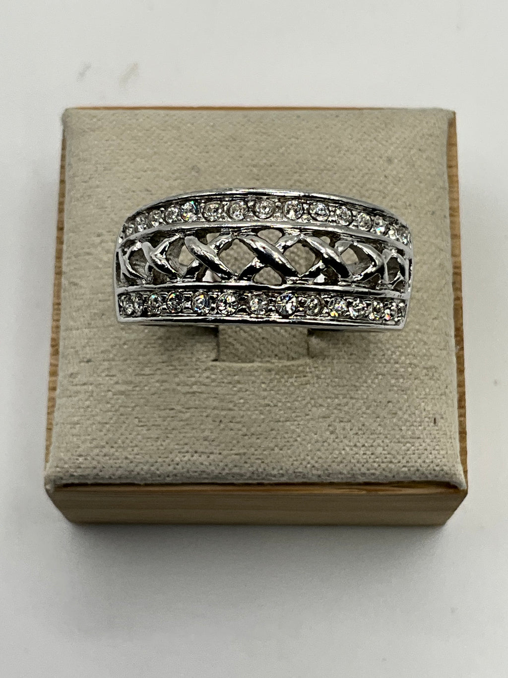 Wide Band Pavé Ring | Crisscross Lattice Center with High-Sparkle CZ - Estate Sale (Great Condition)