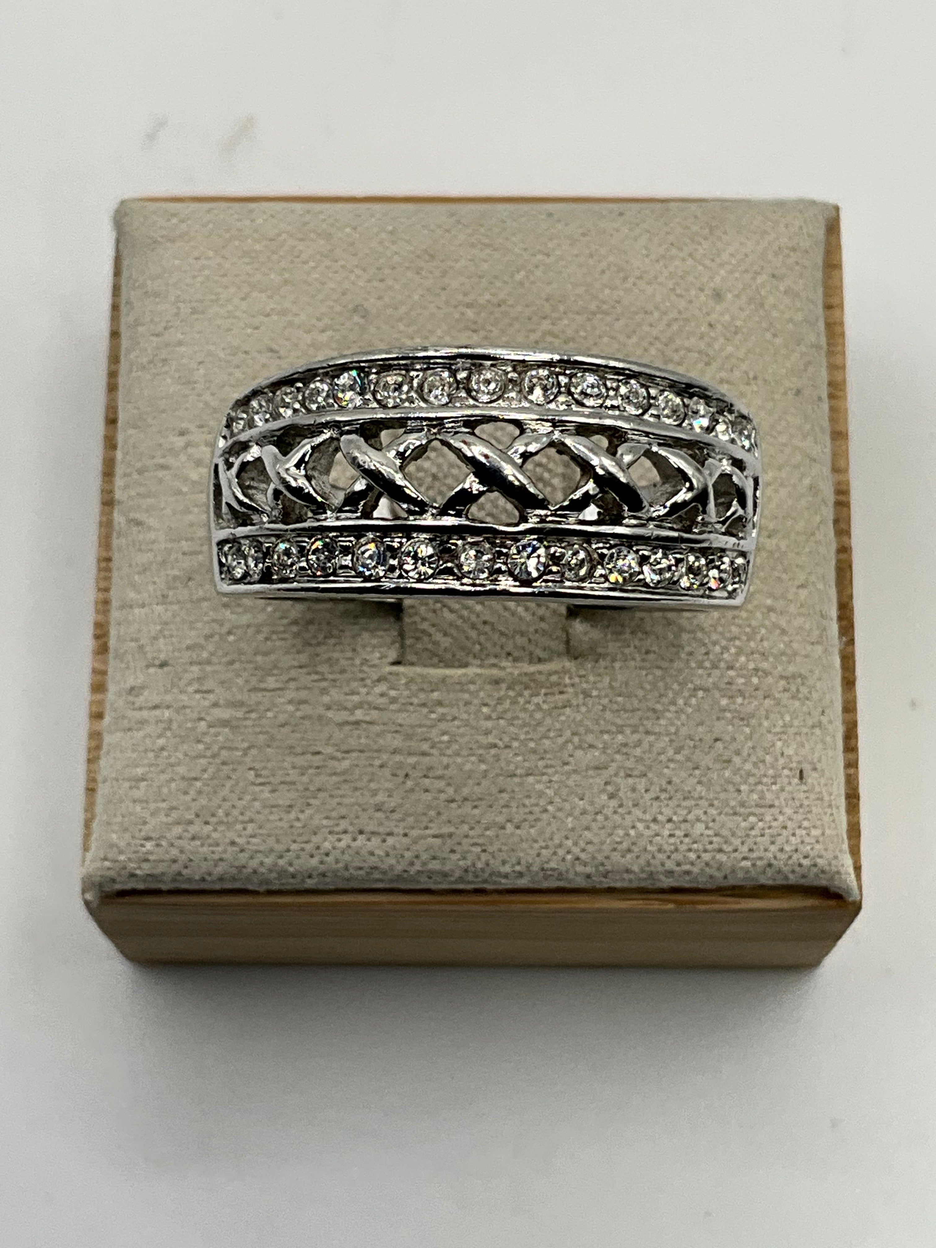Wide Band Pavé Ring | Crisscross Lattice Center with High-Sparkle CZ - Estate Sale (Great Condition)