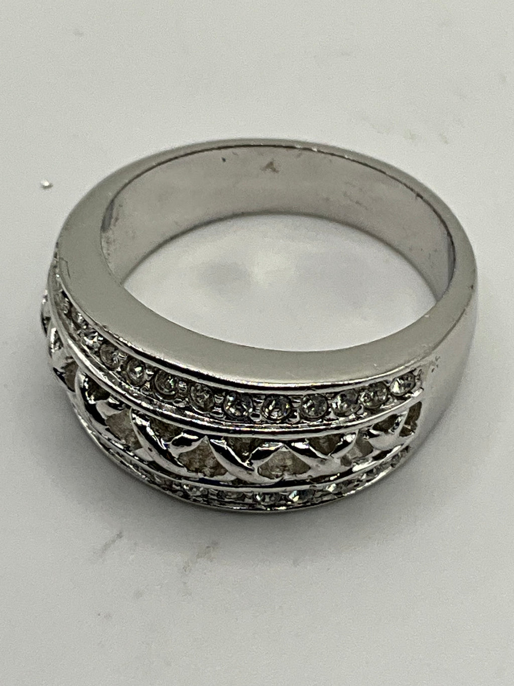Wide Band Pavé Ring | Crisscross Lattice Center with High-Sparkle CZ - Estate Sale (Great Condition)