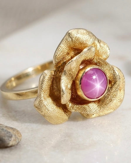 Vintage 1950s 14K Gold Rose Blossom Ring with Synthetic Linde Star Sapphire - Estate Sale (Good Condition)