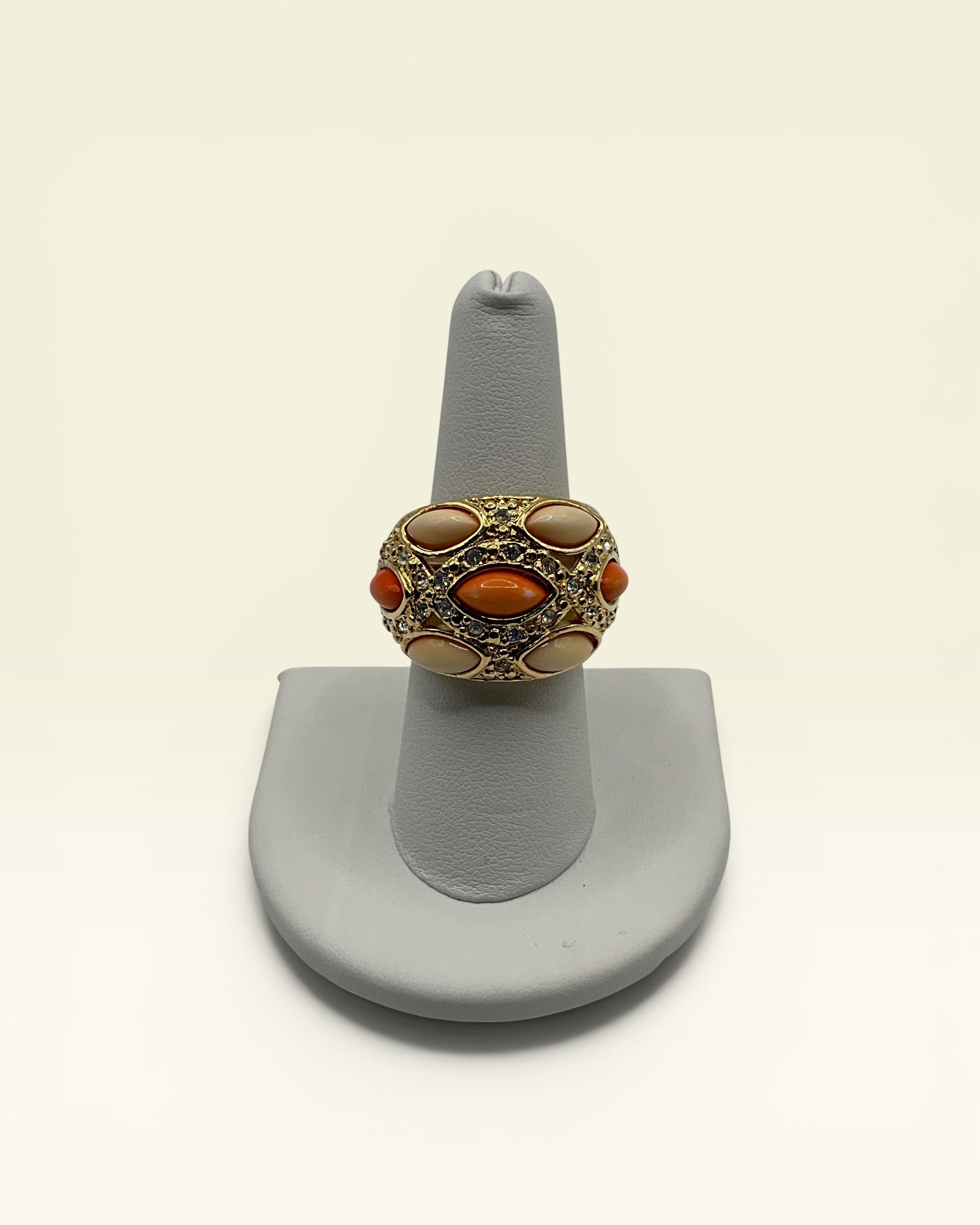 Bold Coral & Cream Cabochon Cocktail Ring - Estate Sale (Great Condition)