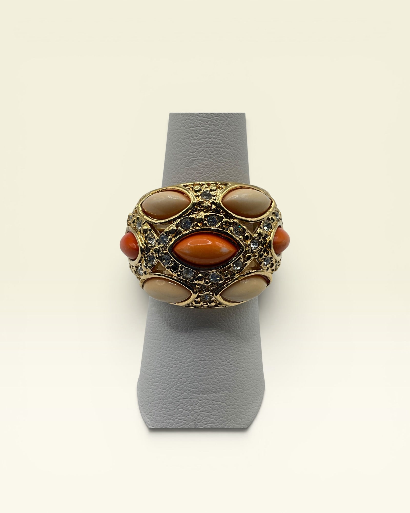 Bold Coral & Cream Cabochon Cocktail Ring - Estate Sale (Great Condition)