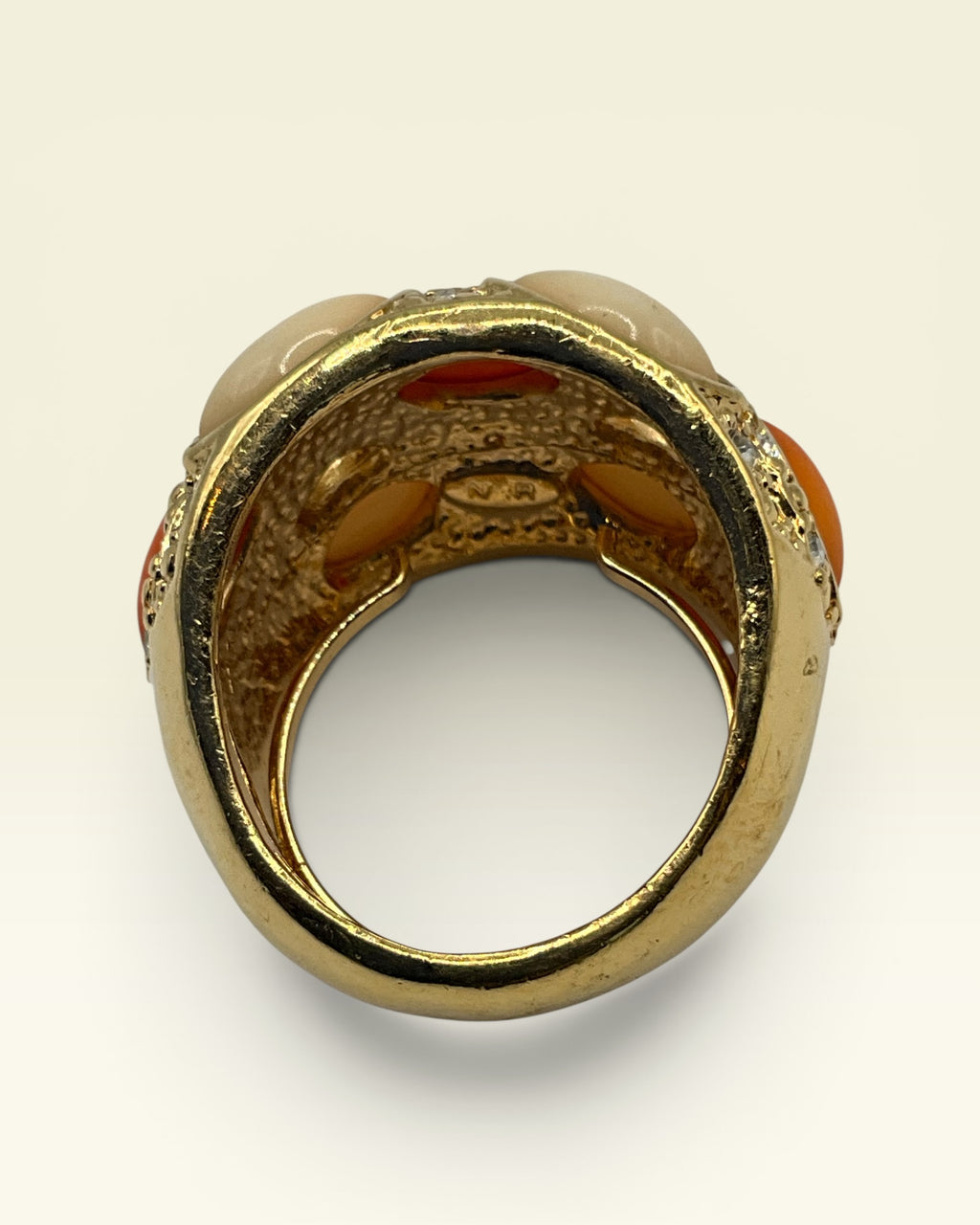 Bold Coral & Cream Cabochon Cocktail Ring - Estate Sale (Great Condition)