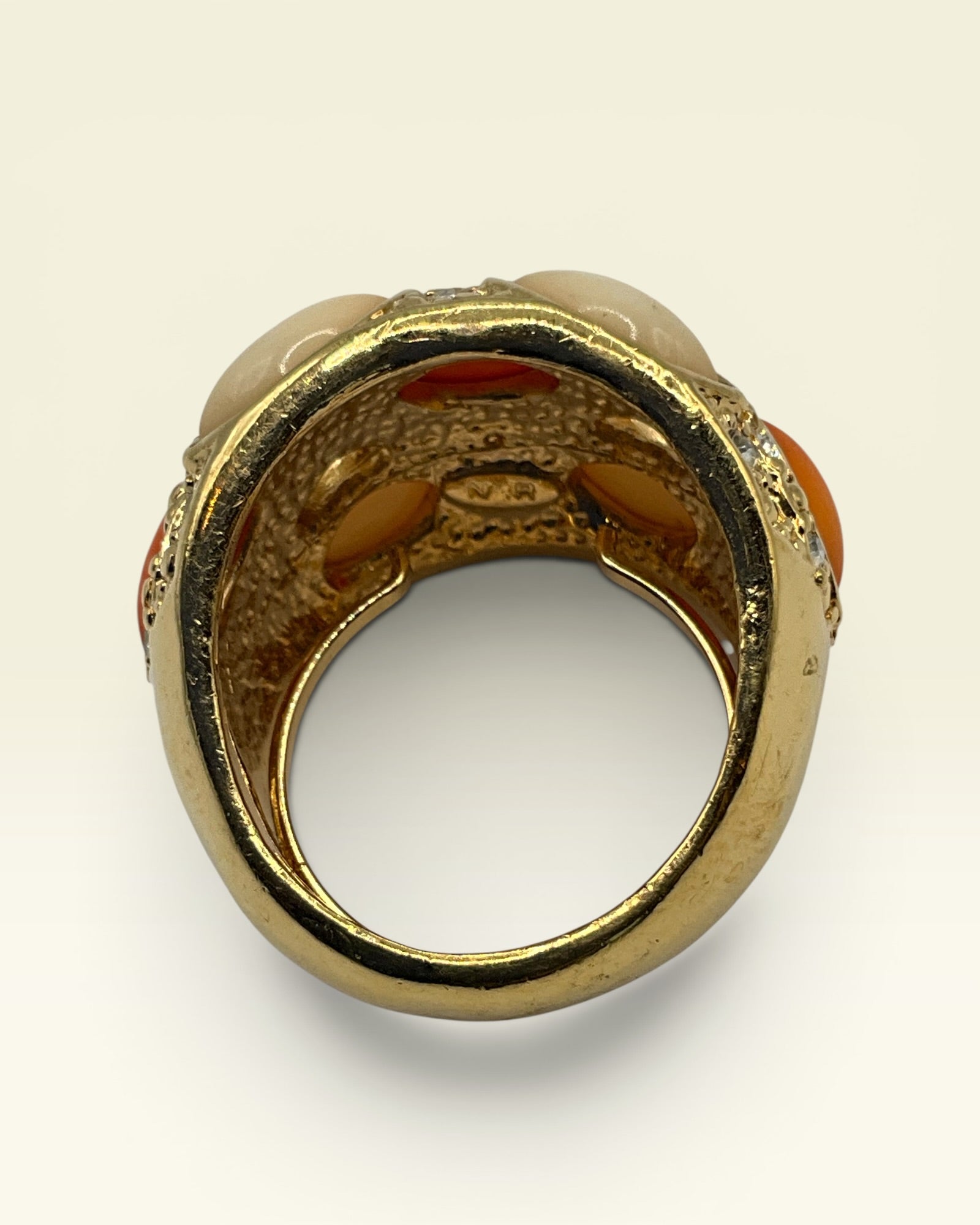 Bold Coral & Cream Cabochon Cocktail Ring - Estate Sale (Great Condition)