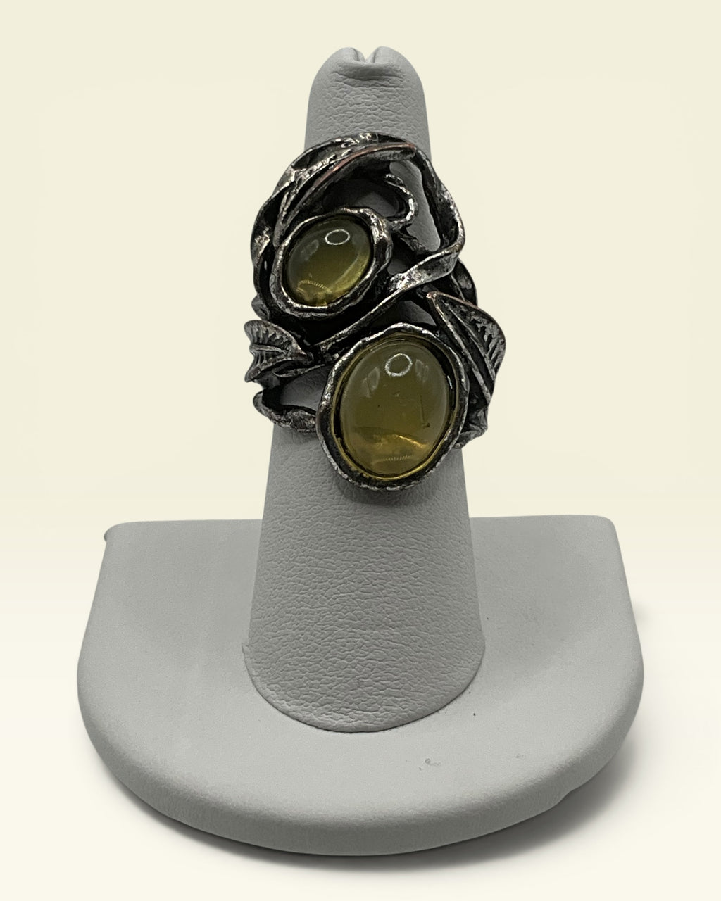 Sculptural Leaf Vine Statement Ring with Green Cabochons - Estate Sale (Great Condition)