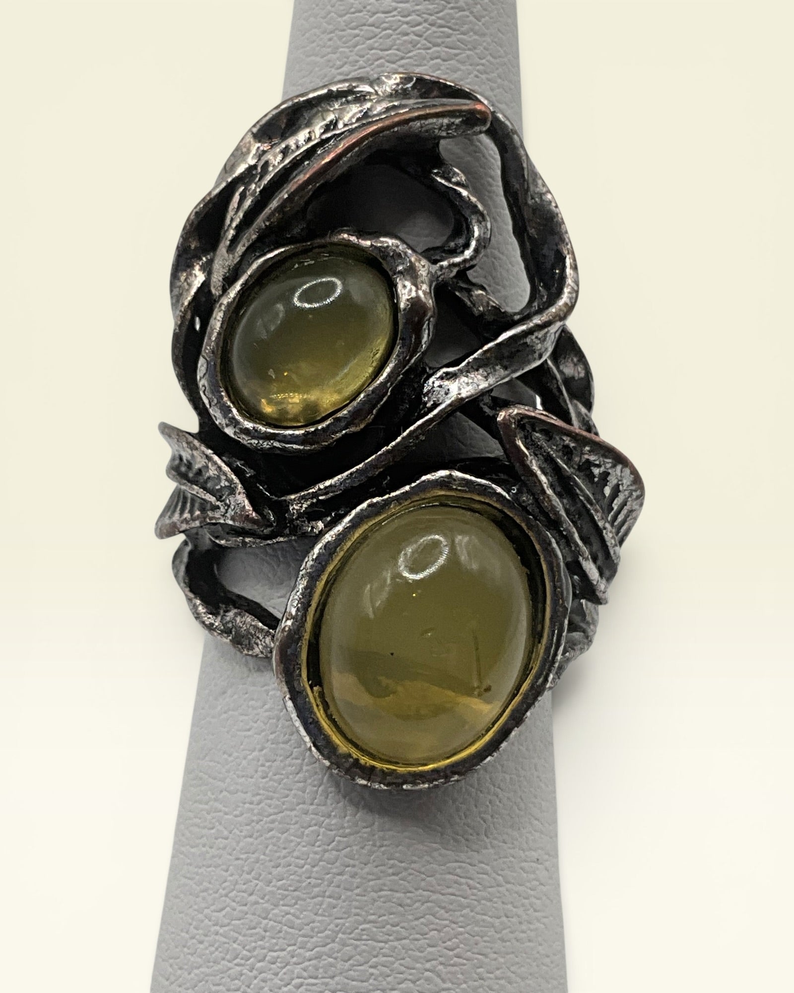 Sculptural Leaf Vine Statement Ring with Green Cabochons - Estate Sale (Great Condition)