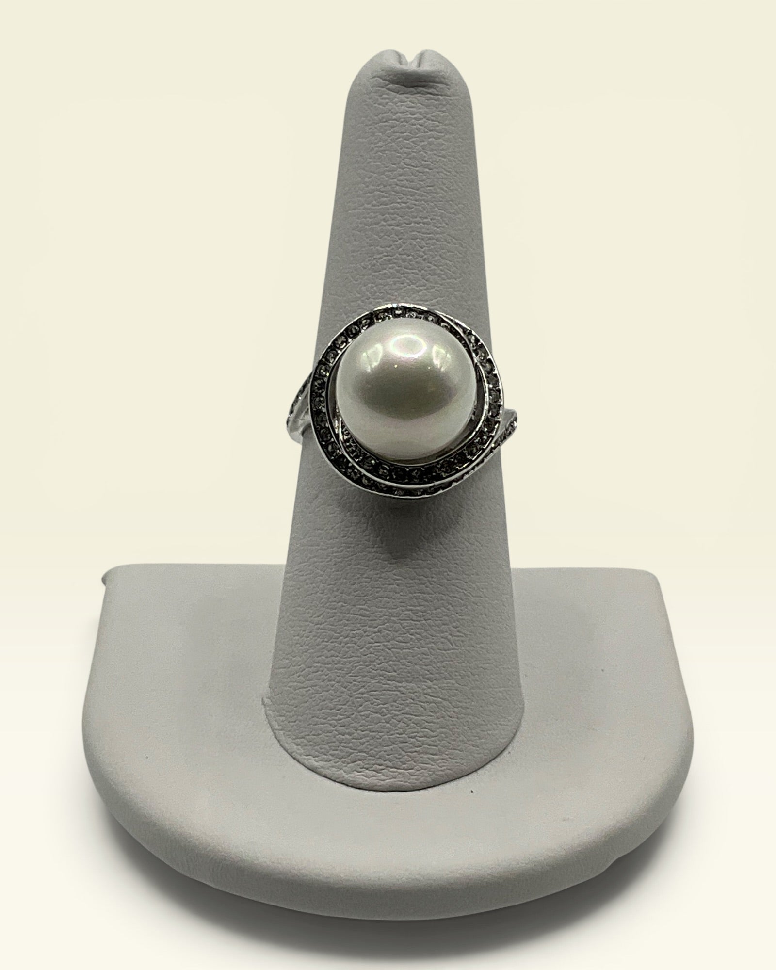 Pearl Halo Swirl Ring – Vintage Inspired CZ Cocktail Statement Ring - Estate Sale (Great Condition)