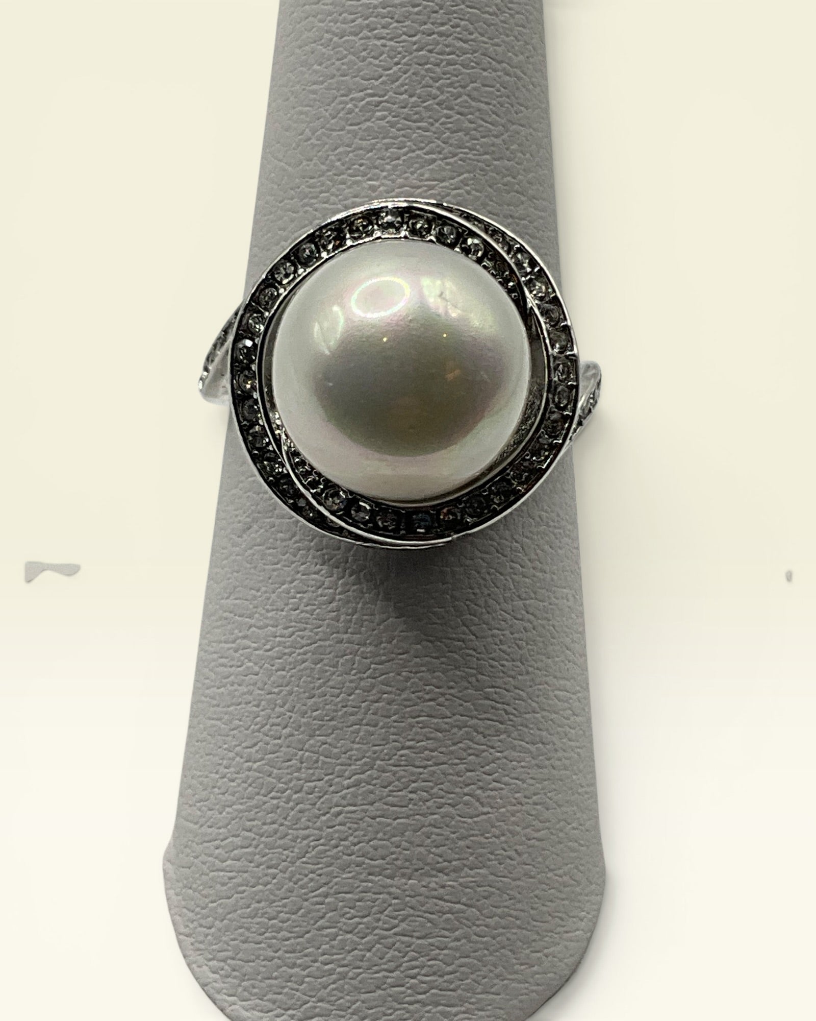 Pearl Halo Swirl Ring – Vintage Inspired CZ Cocktail Statement Ring - Estate Sale (Great Condition)