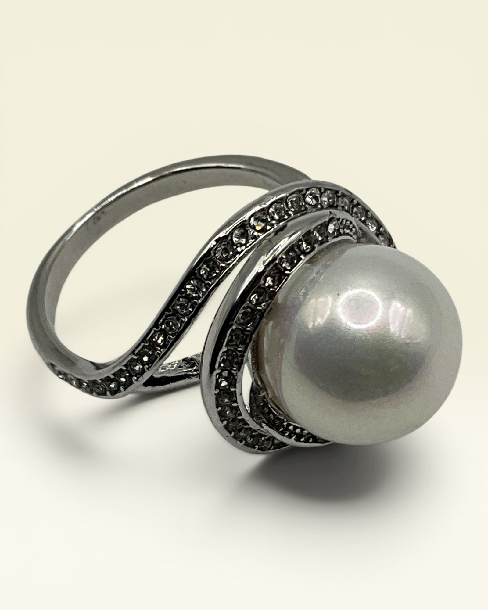 Pearl Halo Swirl Ring – Vintage Inspired CZ Cocktail Statement Ring - Estate Sale (Great Condition)