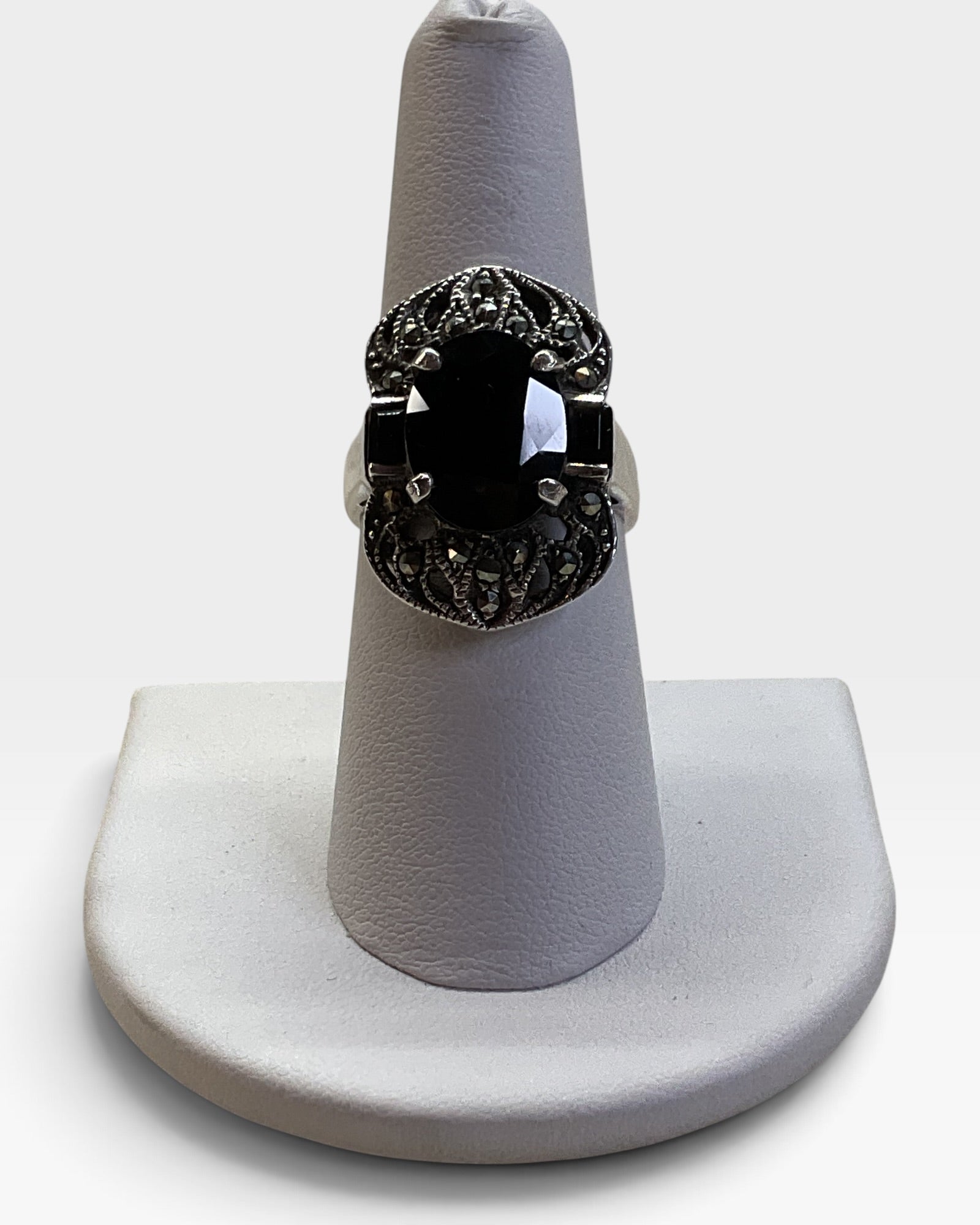 Sterling Silver Black Onyx and Marcasite Ring - Pre-Loved