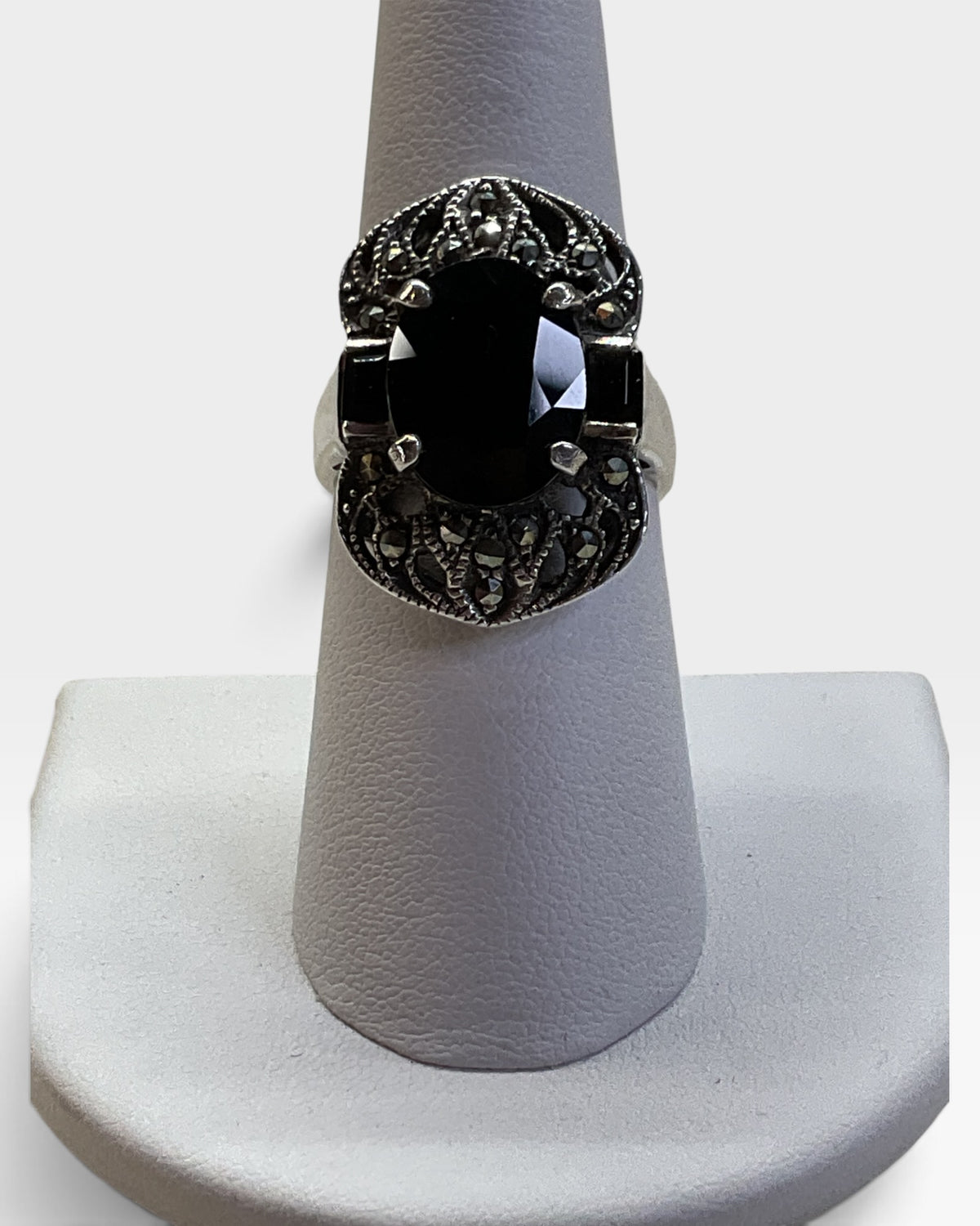 Sterling Silver Black Onyx and Marcasite Ring - Pre-Loved