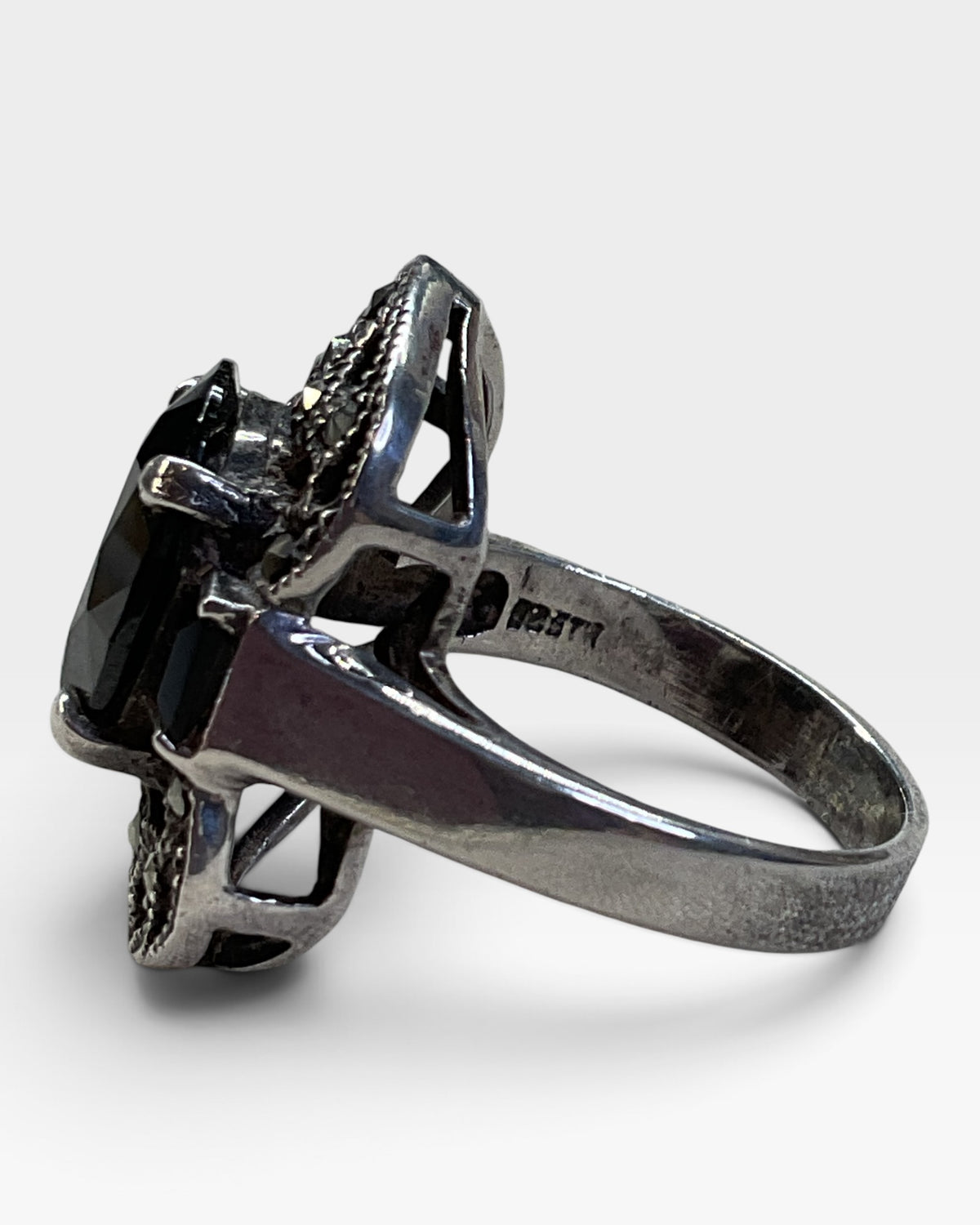 Sterling Silver Black Onyx and Marcasite Ring - Pre-Loved