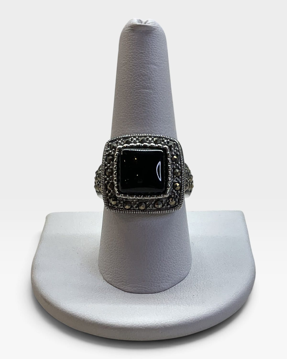 Sterling Silver Black Onyx and Marcasite Ring - Pre-Loved