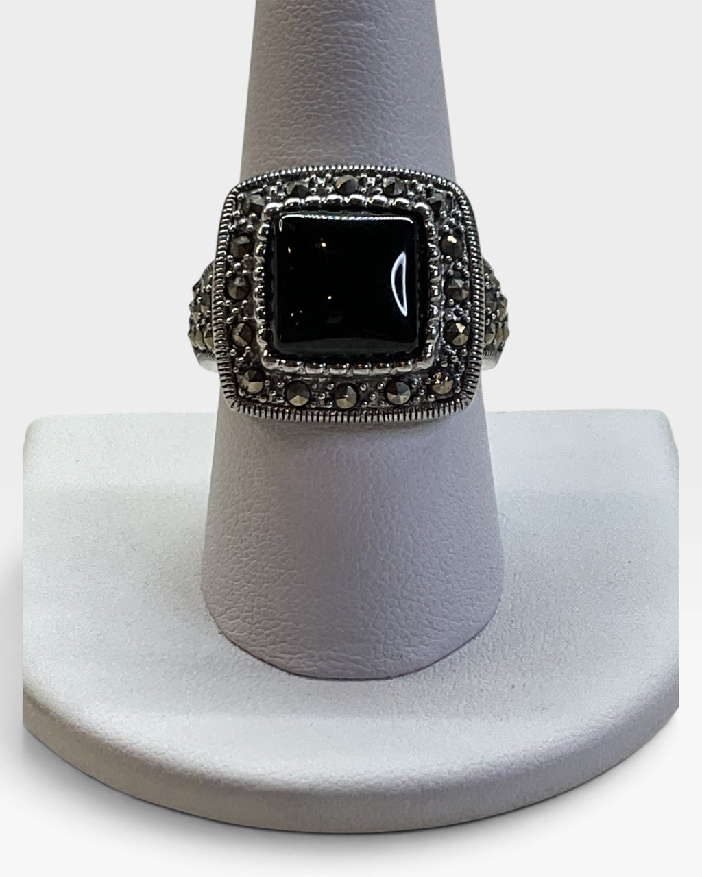 Sterling Silver Black Onyx and Marcasite Ring - Pre-Loved