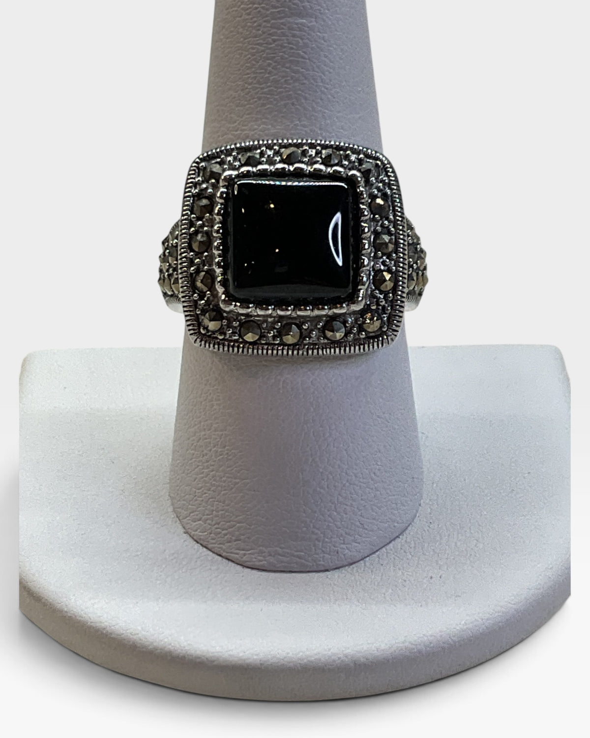 Sterling Silver Black Onyx and Marcasite Ring - Pre-Loved