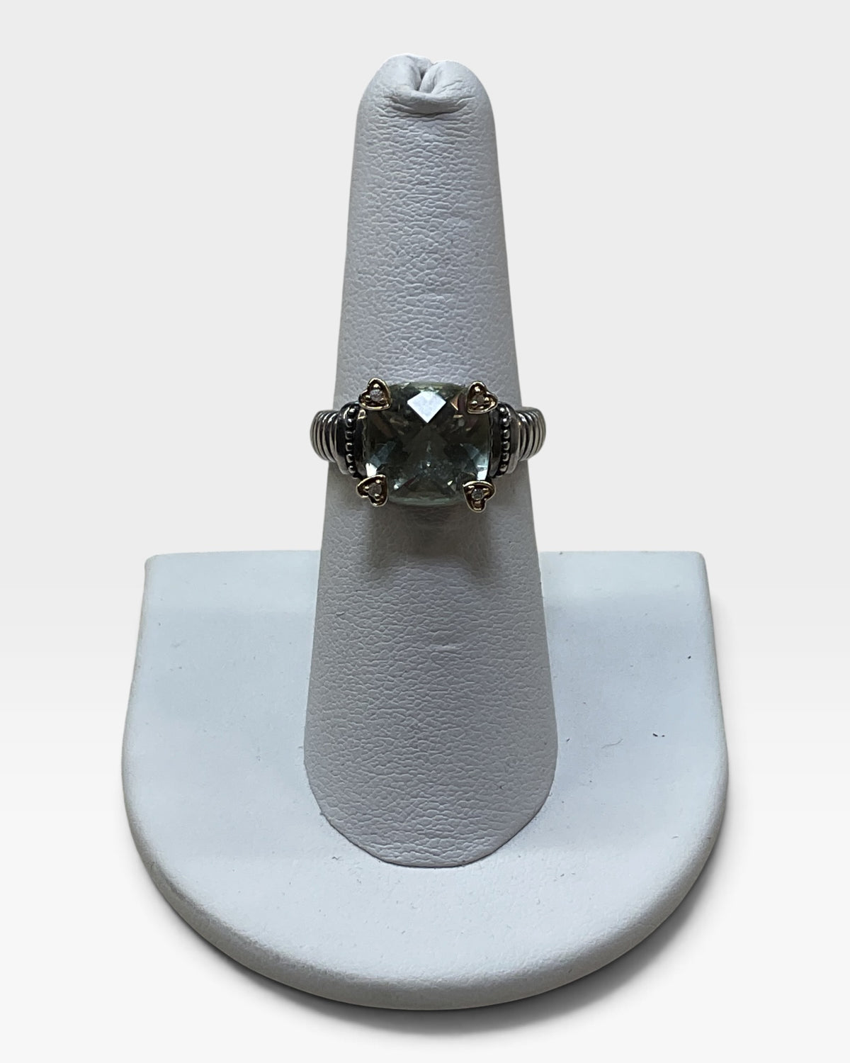 Sterling Silver 14K Gold Diamond Green Amethyst Ring - Pre-Loved