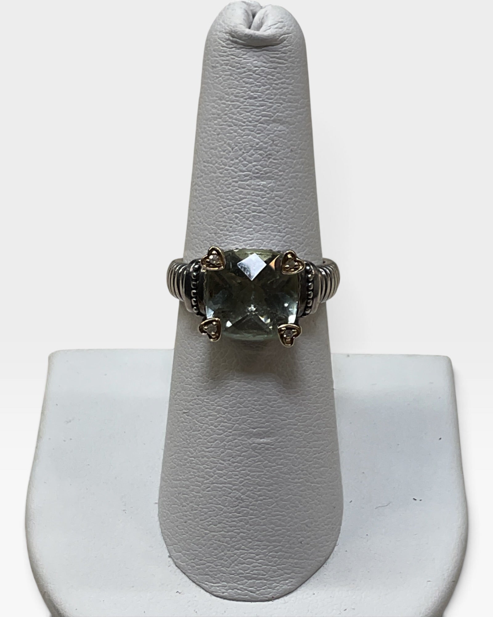 Sterling Silver 14K Gold Diamond Green Amethyst Ring - Pre-Loved