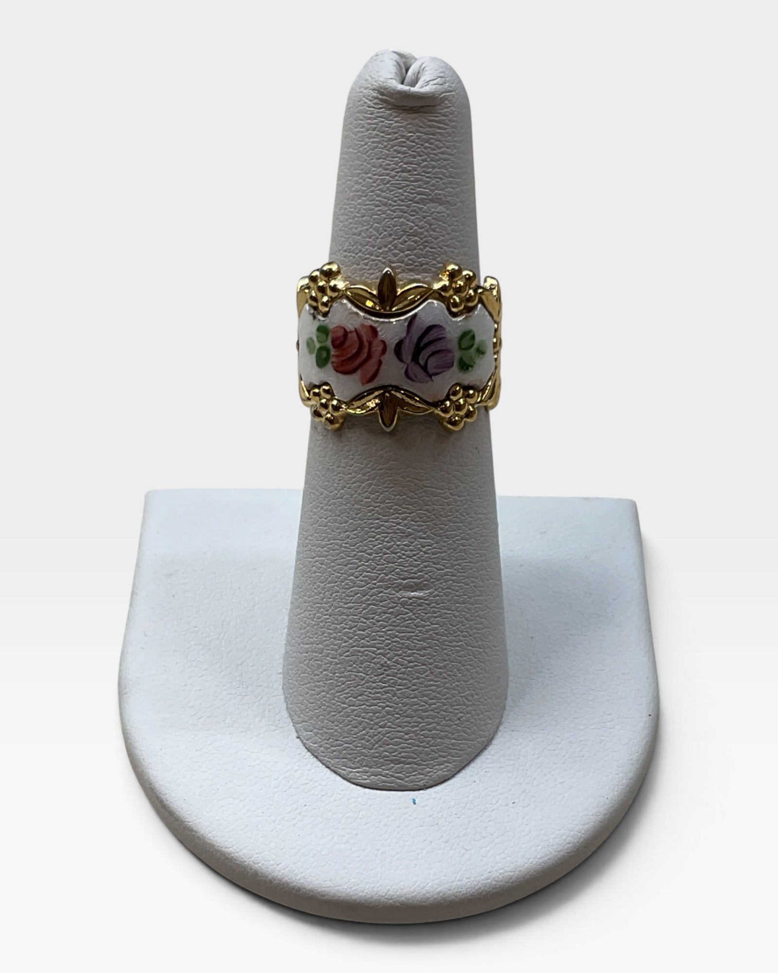 Vintage Park Lane Cigar Wide Enamel Flowers Ring - Pre-Loved