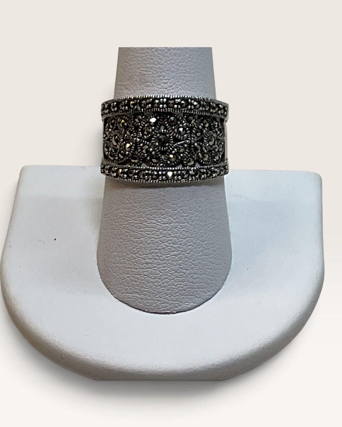 Vintage 925 Sterling Silver Marcasite Wide Band Ring Filigree Openwork - Pre-Loved