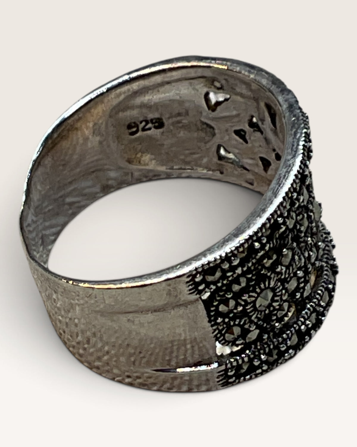 Vintage 925 Sterling Silver Marcasite Wide Band Ring Filigree Openwork - Pre-Loved