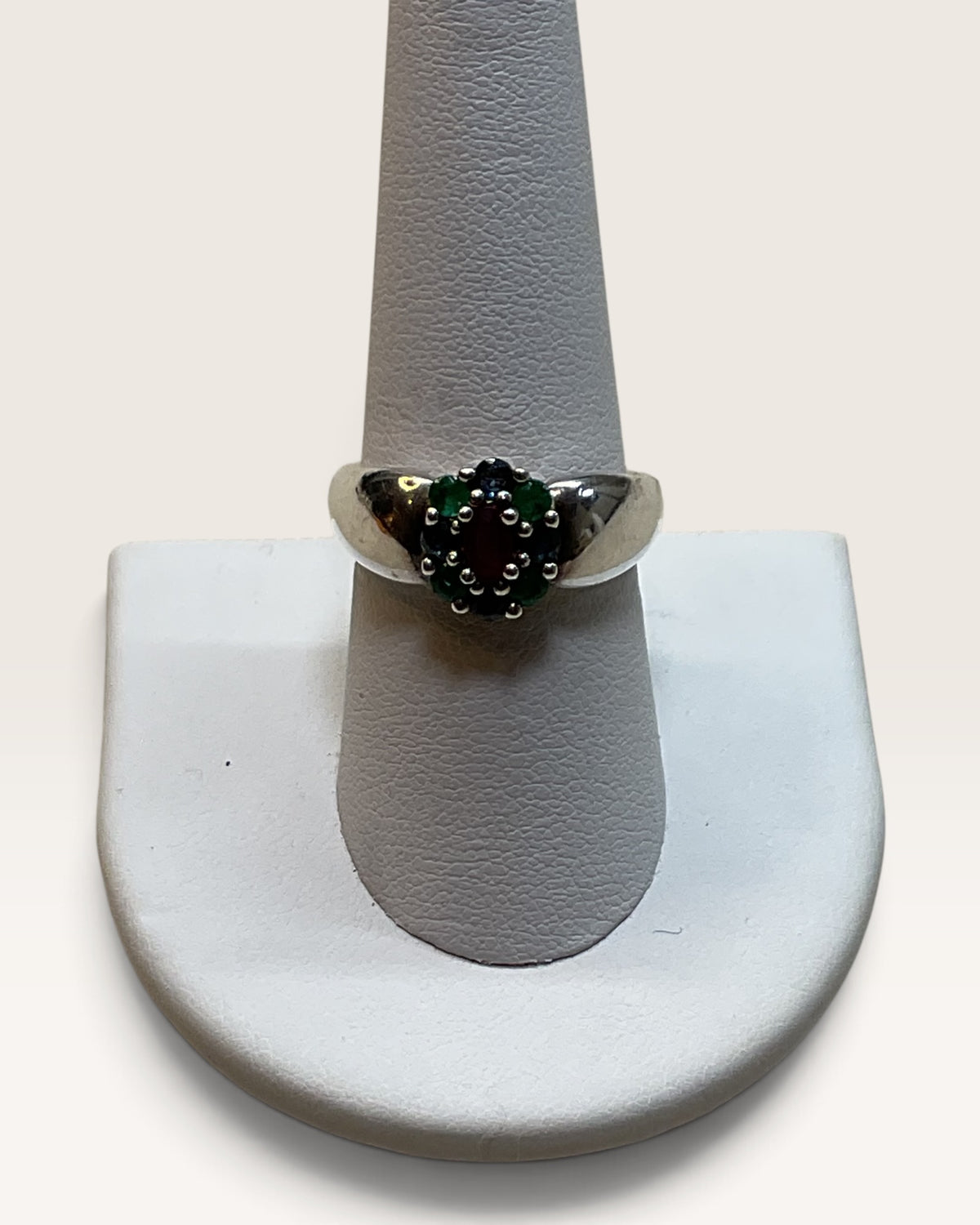Vintage Sterling Silver Ruby and Emerald Multi-Gemstone Cluster Ring - Pre-Loved