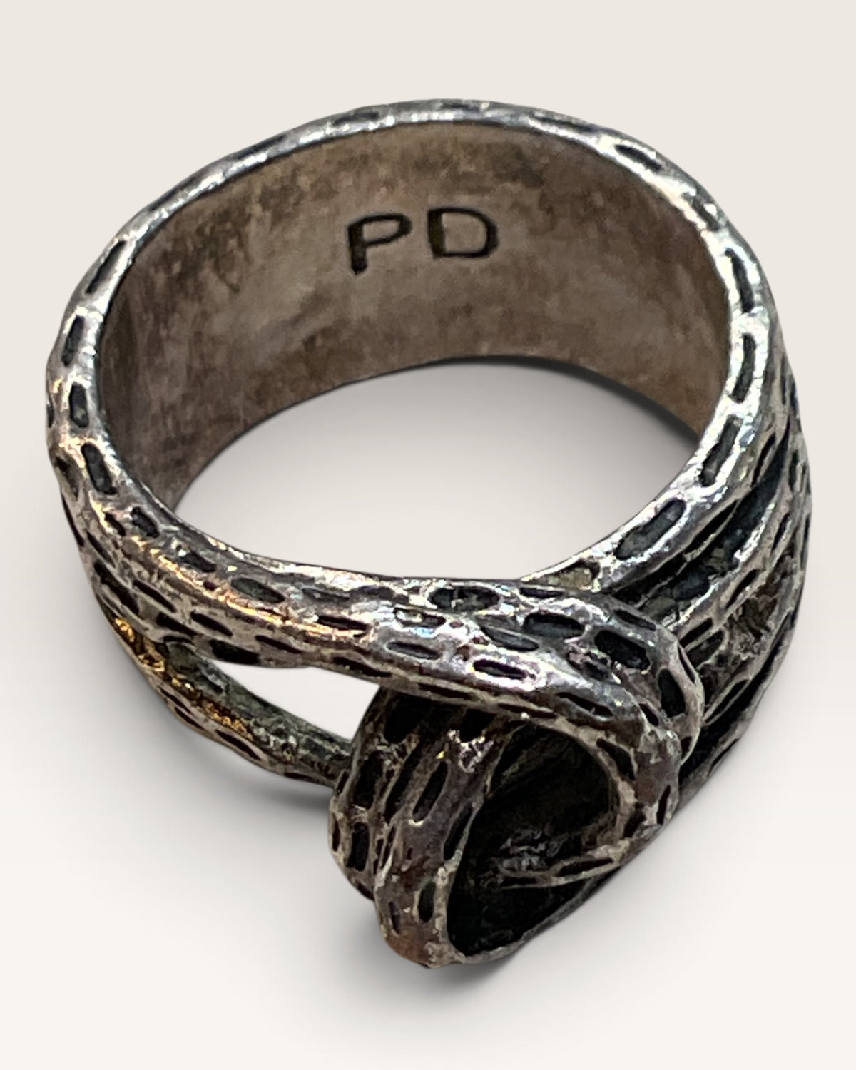 Older PD Pewter Silver Tone Rope Knot — Heavy Ring, Signed - Pre-Loved