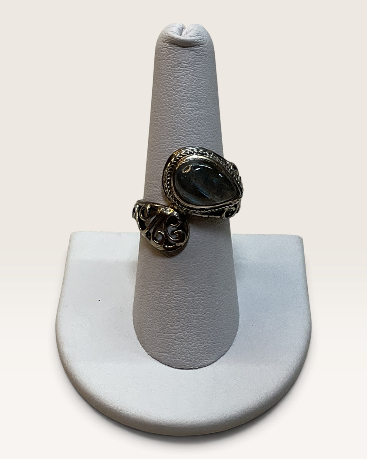 Sterling Silver 925 Teardrop Labradorite Statement Ring - Boho Scroll Detail - Pre-Loved