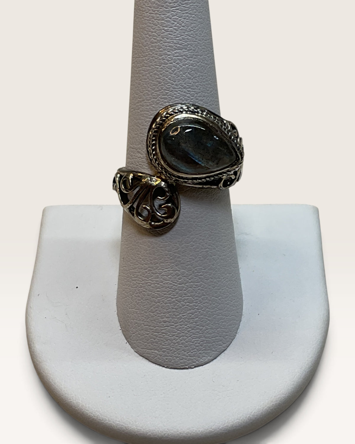 Sterling Silver 925 Teardrop Labradorite Statement Ring - Boho Scroll Detail - Pre-Loved