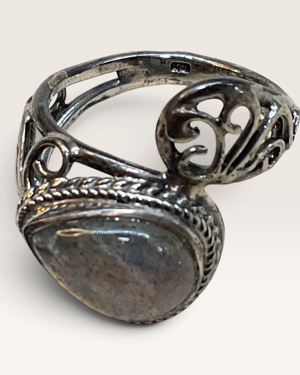 Sterling Silver 925 Teardrop Labradorite Statement Ring - Boho Scroll Detail - Pre-Loved