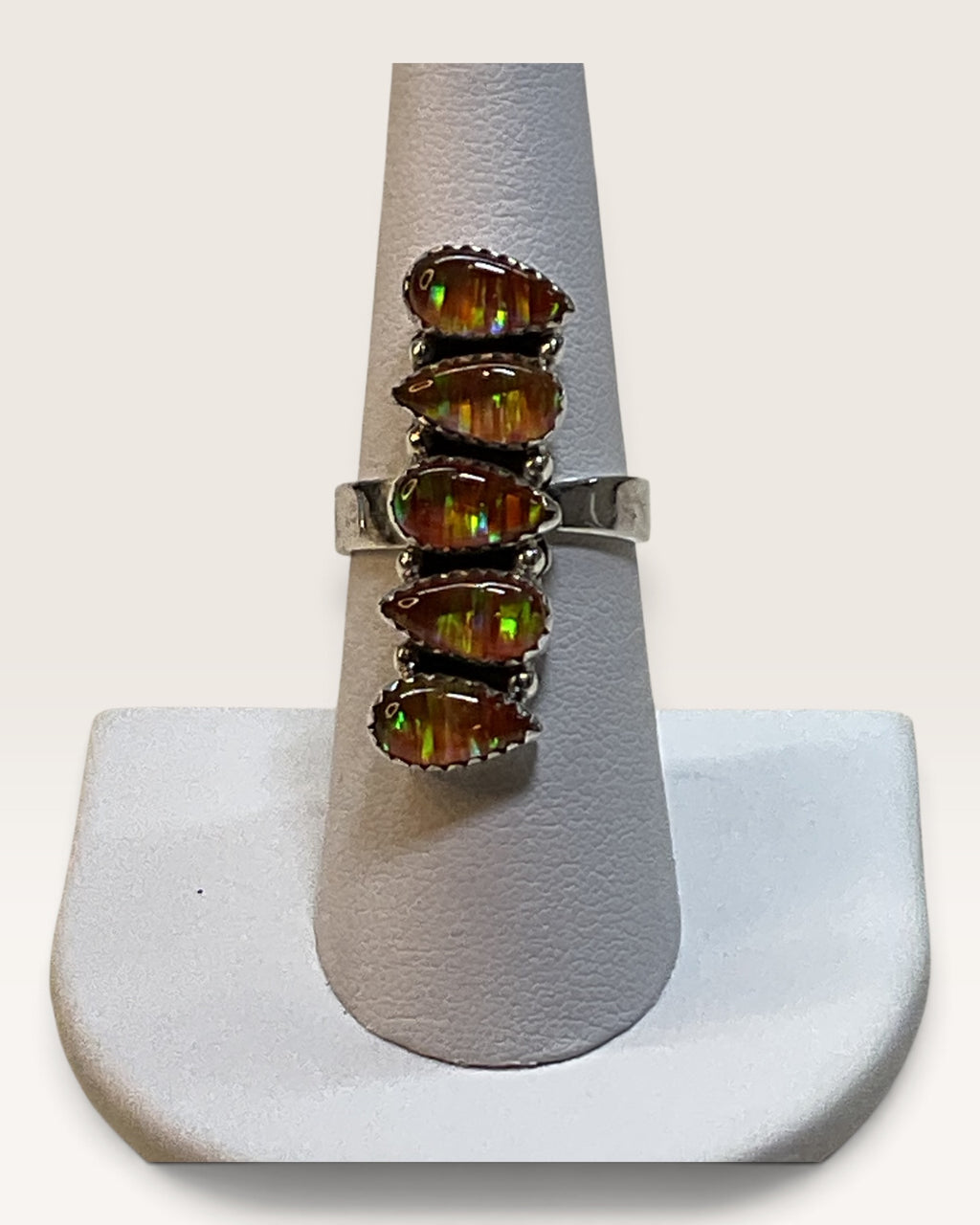 Native American Style .925 Silver Vibrant Fire Opal 5-Stone Statement Ring - Pre-Loved
