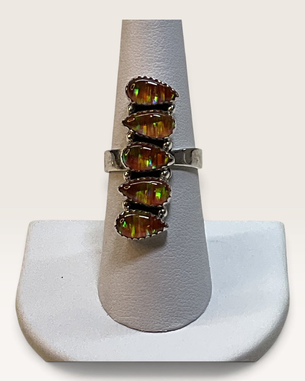 Native American Style .925 Silver Vibrant Fire Opal 5-Stone Statement Ring - Pre-Loved