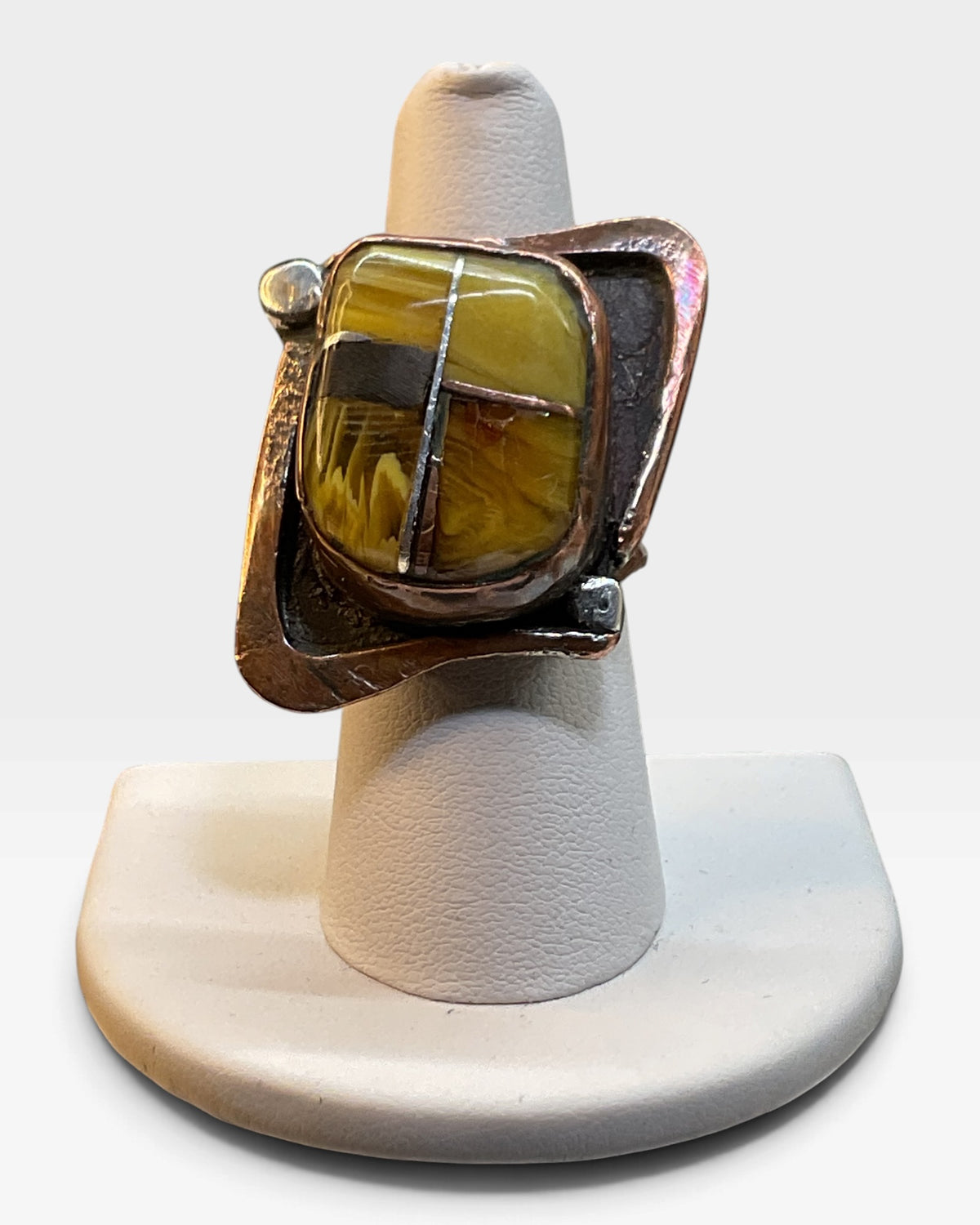 Vintage Baltic Amber Rectangular Copper Ring - Pre-Loved