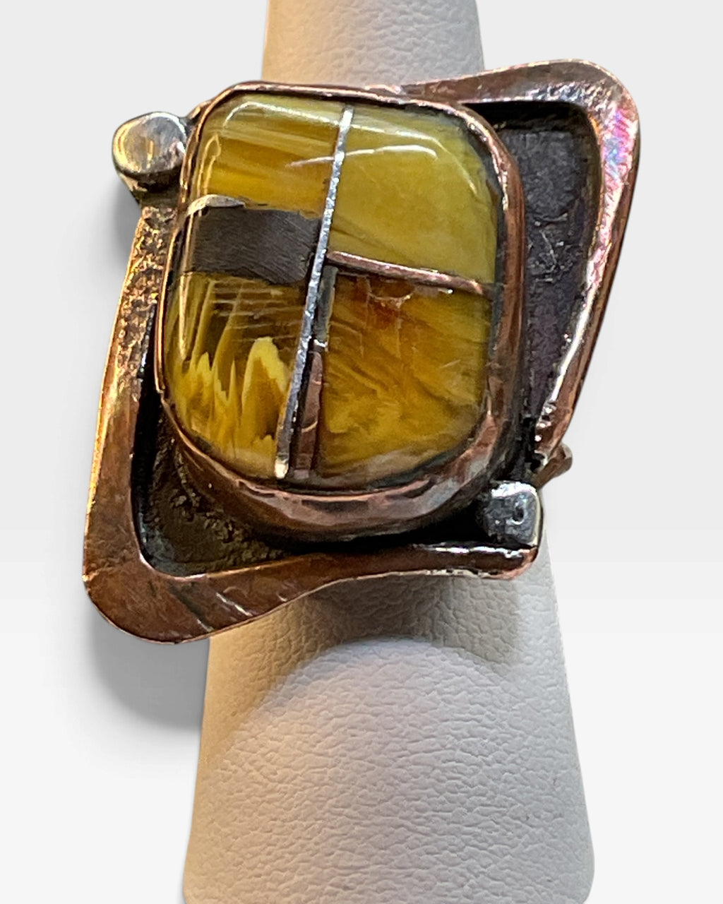 Vintage Baltic Amber Rectangular Copper Ring - Pre-Loved