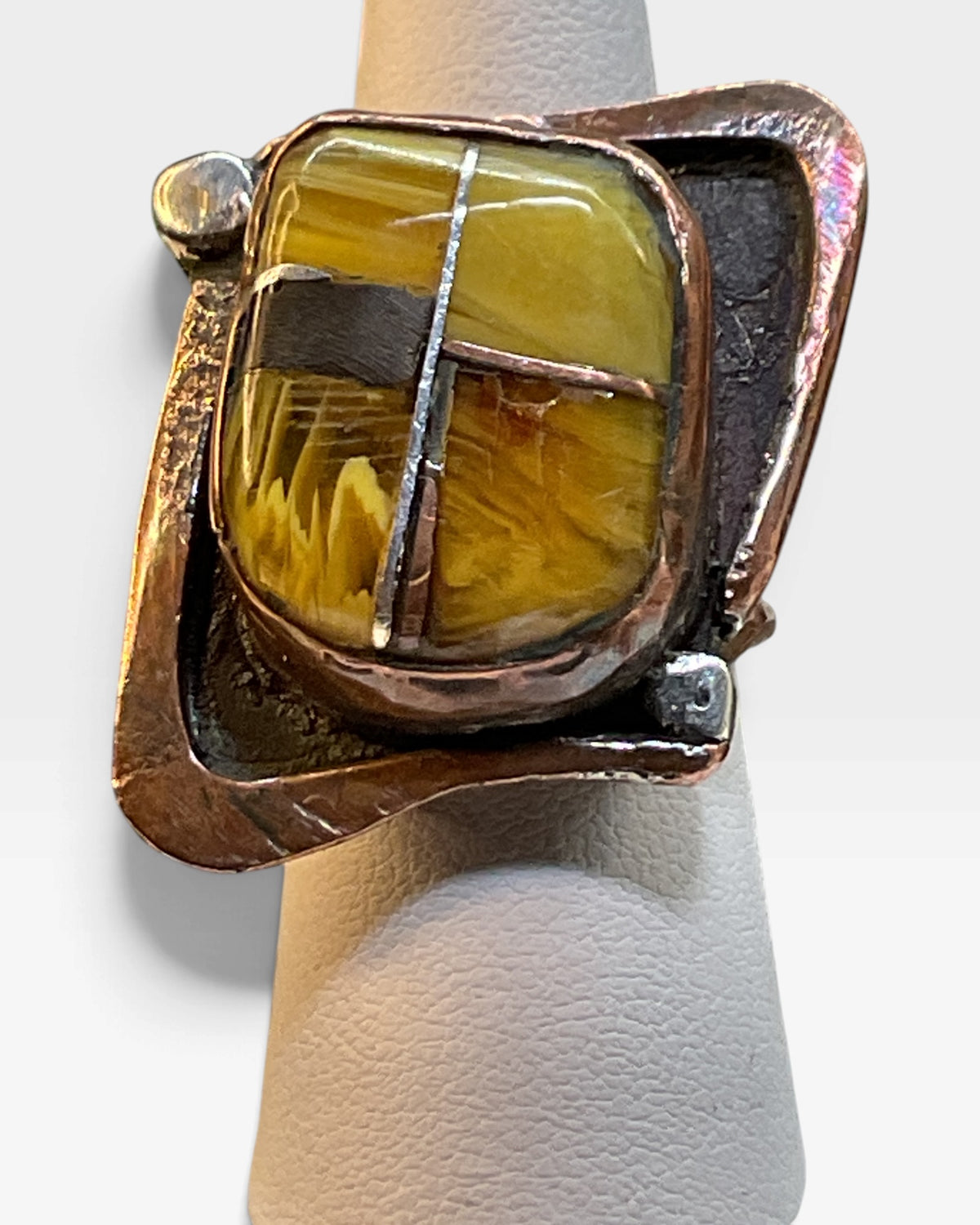 Vintage Baltic Amber Rectangular Copper Ring - Pre-Loved