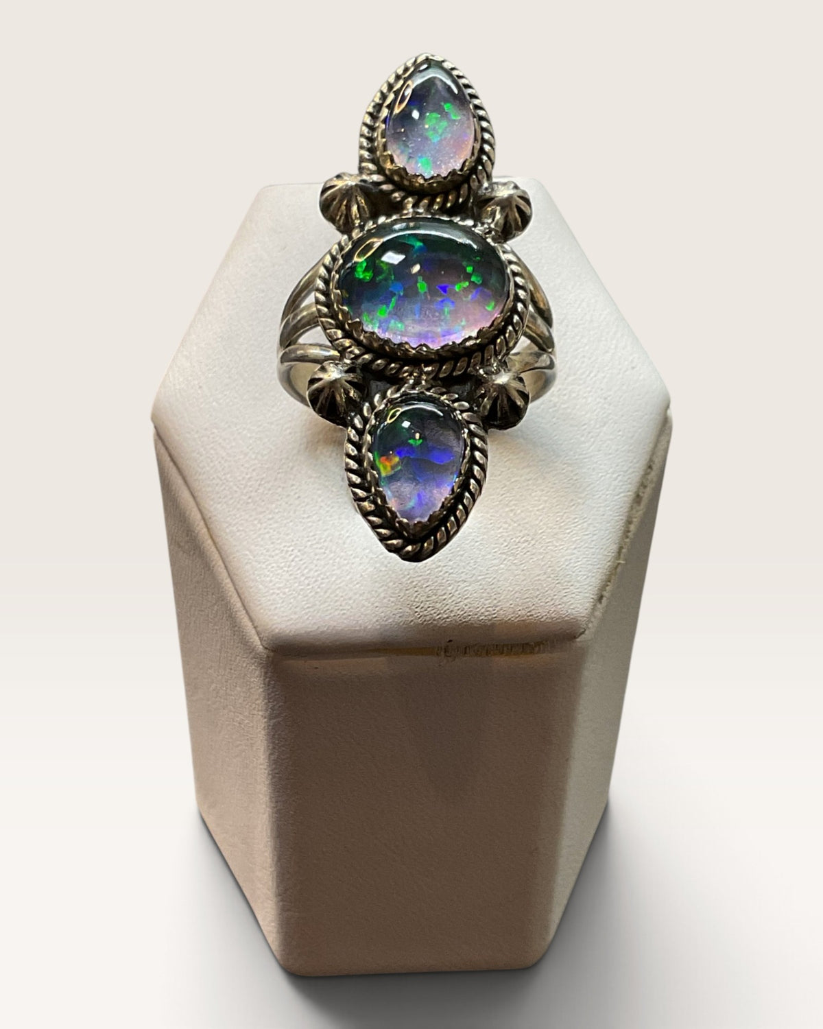 Sterling Silver Aurora Opal Triple Stone Gemstone Ring - Pre-Loved
