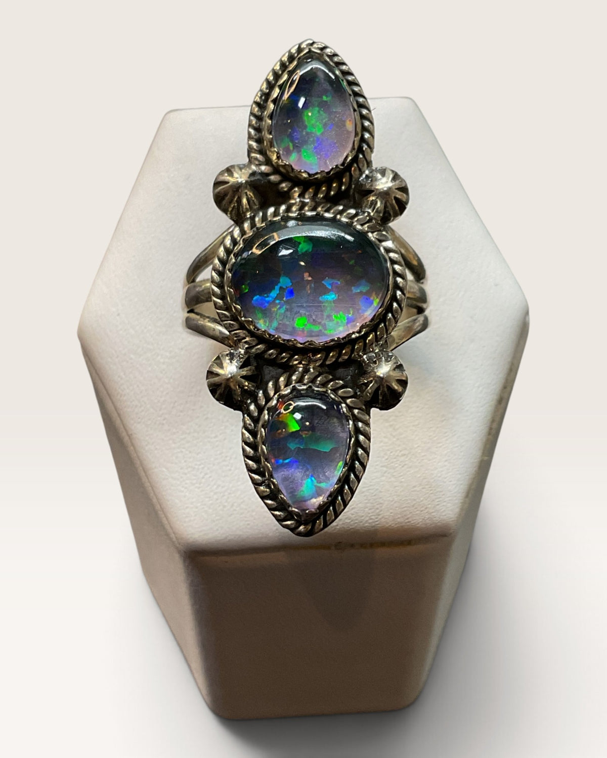 Sterling Silver Aurora Opal Triple Stone Gemstone Ring - Pre-Loved