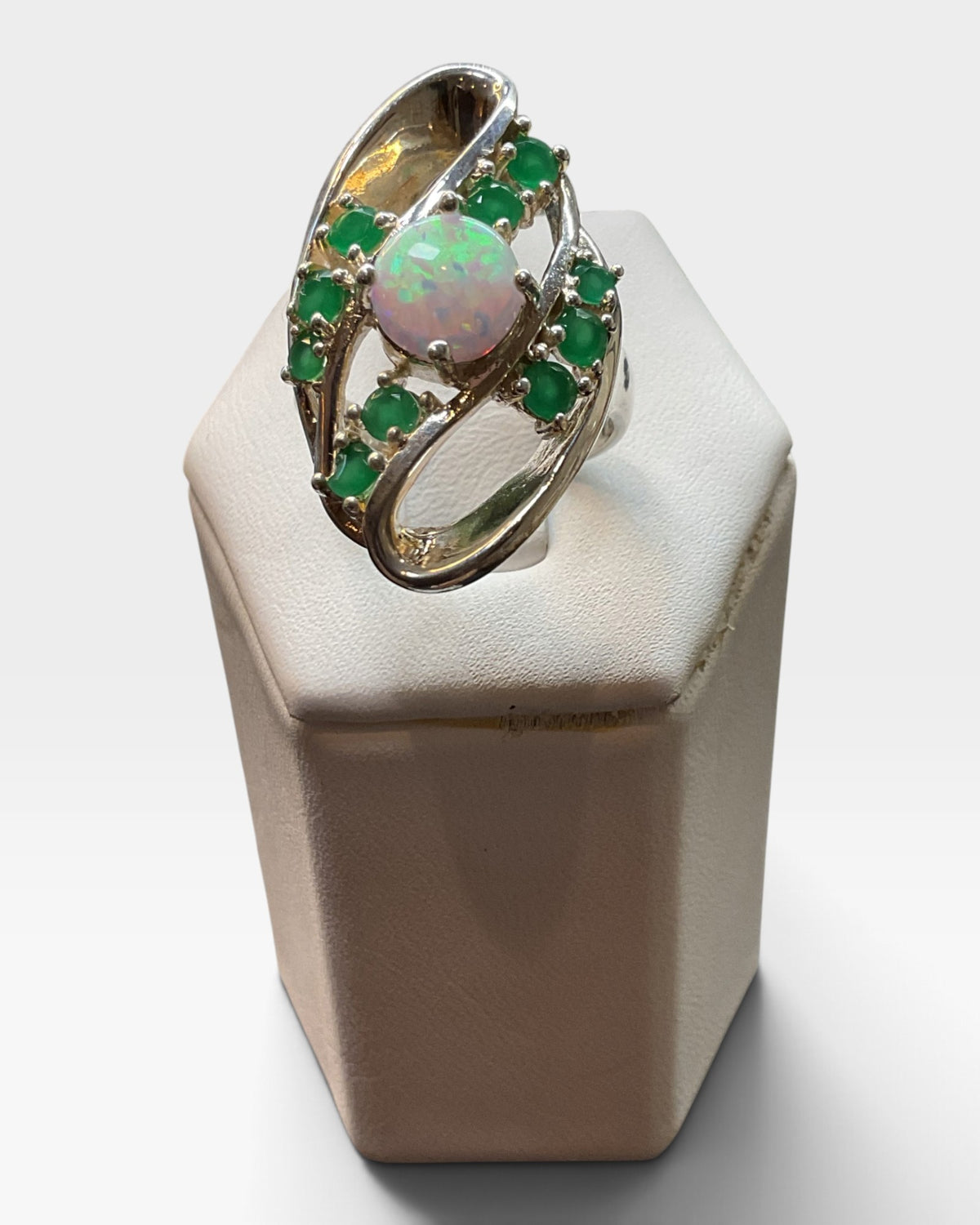 Sterling Silver Cubic Zirconia & Lab Emerald & Opal Ring - Pre-Loved