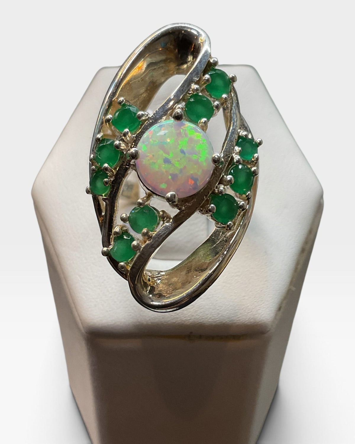 Sterling Silver Cubic Zirconia & Lab Emerald & Opal Ring - Pre-Loved