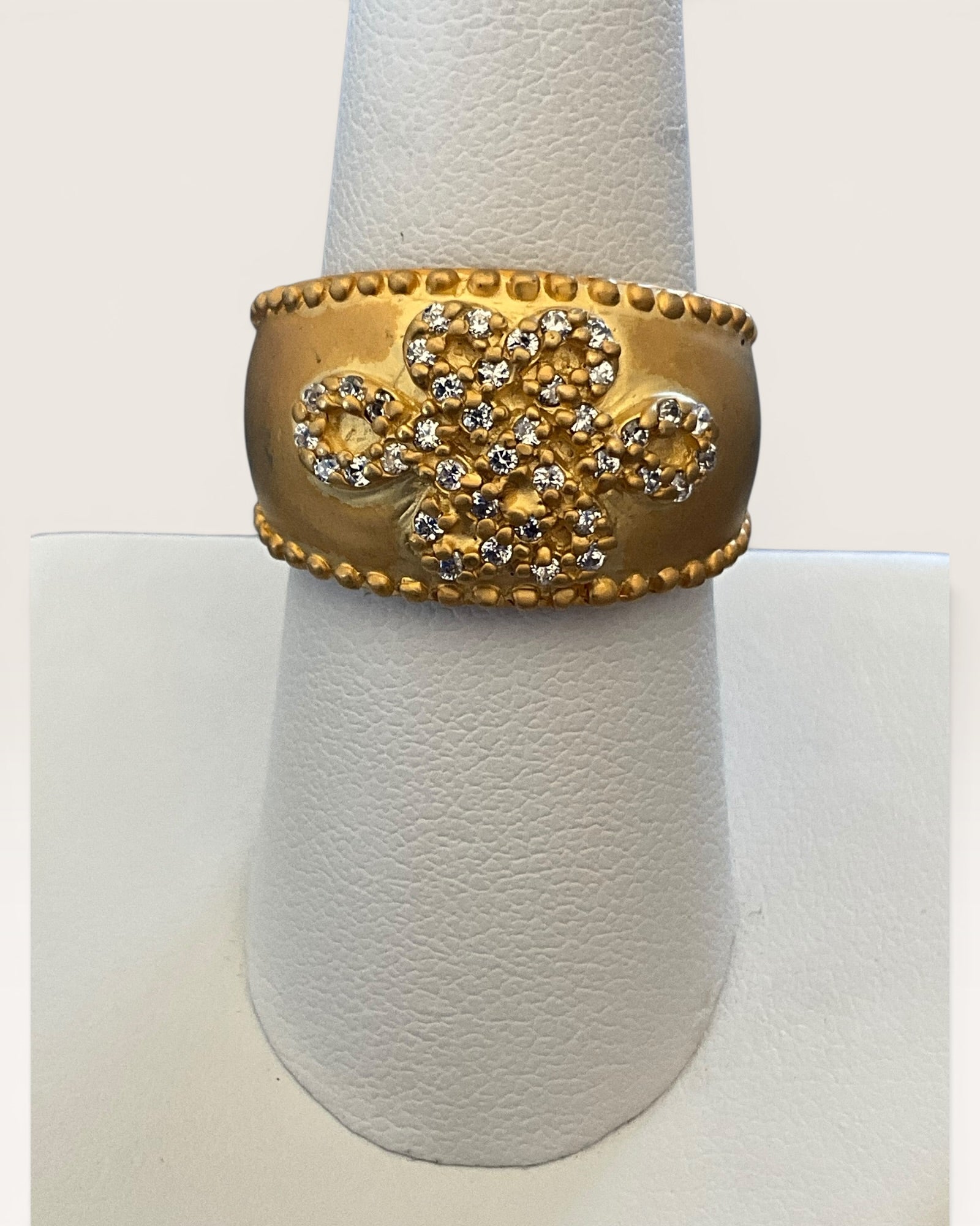 Frieda Rothman Belargo 14k Gold Vermeil Over Sterling Silver Clover CZs Cigar Band Ring - Estate Sale (Great Condition)